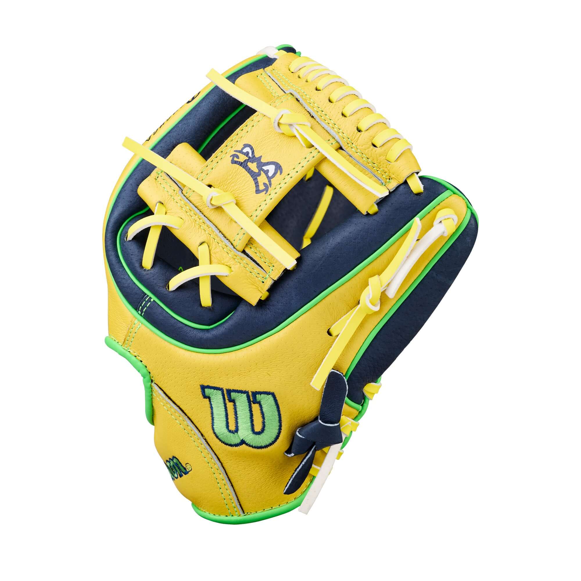 Thumb detail of Wilson 2026 A450 Savannah Bananas 11" Youth Baseball Glove Ye/Nav/Neon LHT showing neon lacing and logo patch.