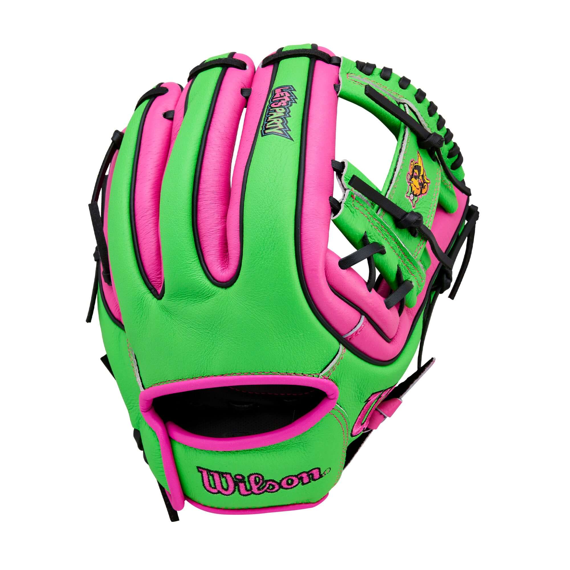 Back view of Wilson 2026 A450 Party Animals 11" Youth Baseball Glove showing Quick Fit Wrist and Party Animals graphic.