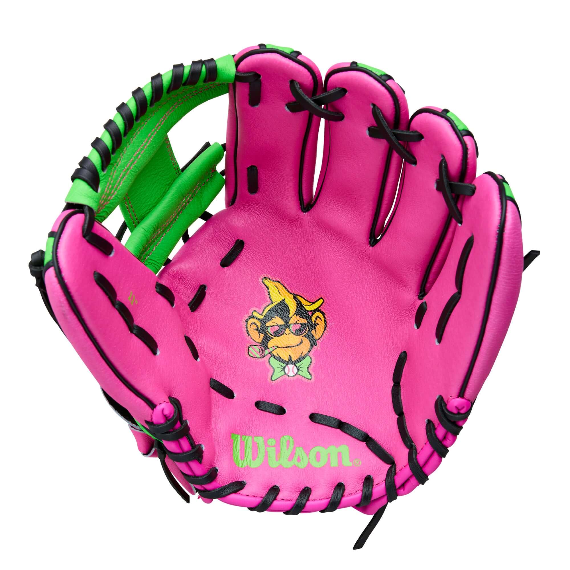 Palm view of Wilson 2026 A450 Party Animals 11" Youth Baseball Glove highlighting soft top grain leather and playful details.