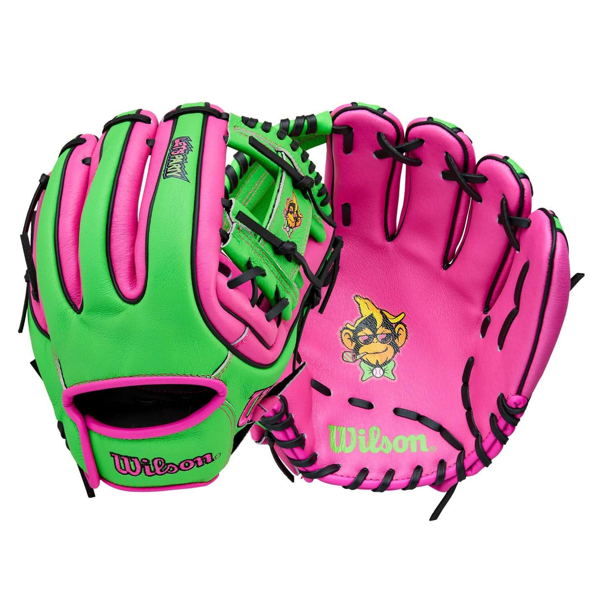 Hero image of Wilson 2026 Party Animals 11” Youth Baseball Glove LHT in vibrant pink and green with H-Web design.