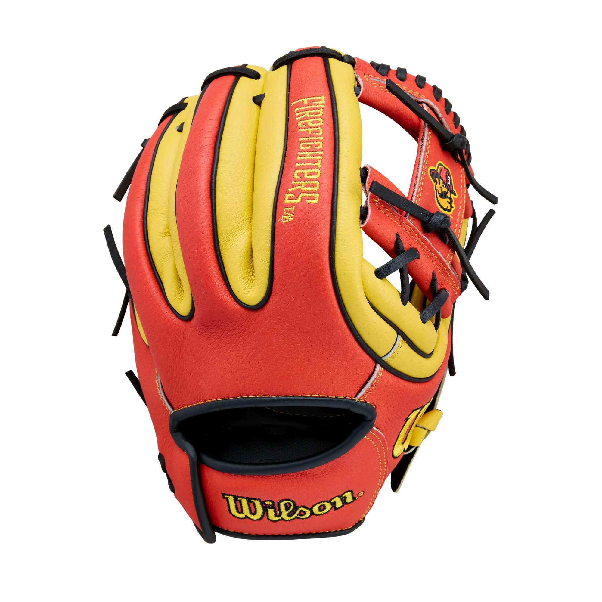 Back view of Wilson 2026 A450 Firefighters 11" Youth Baseball Glove highlighting Quick Fit Wrist and Firefighters logo.