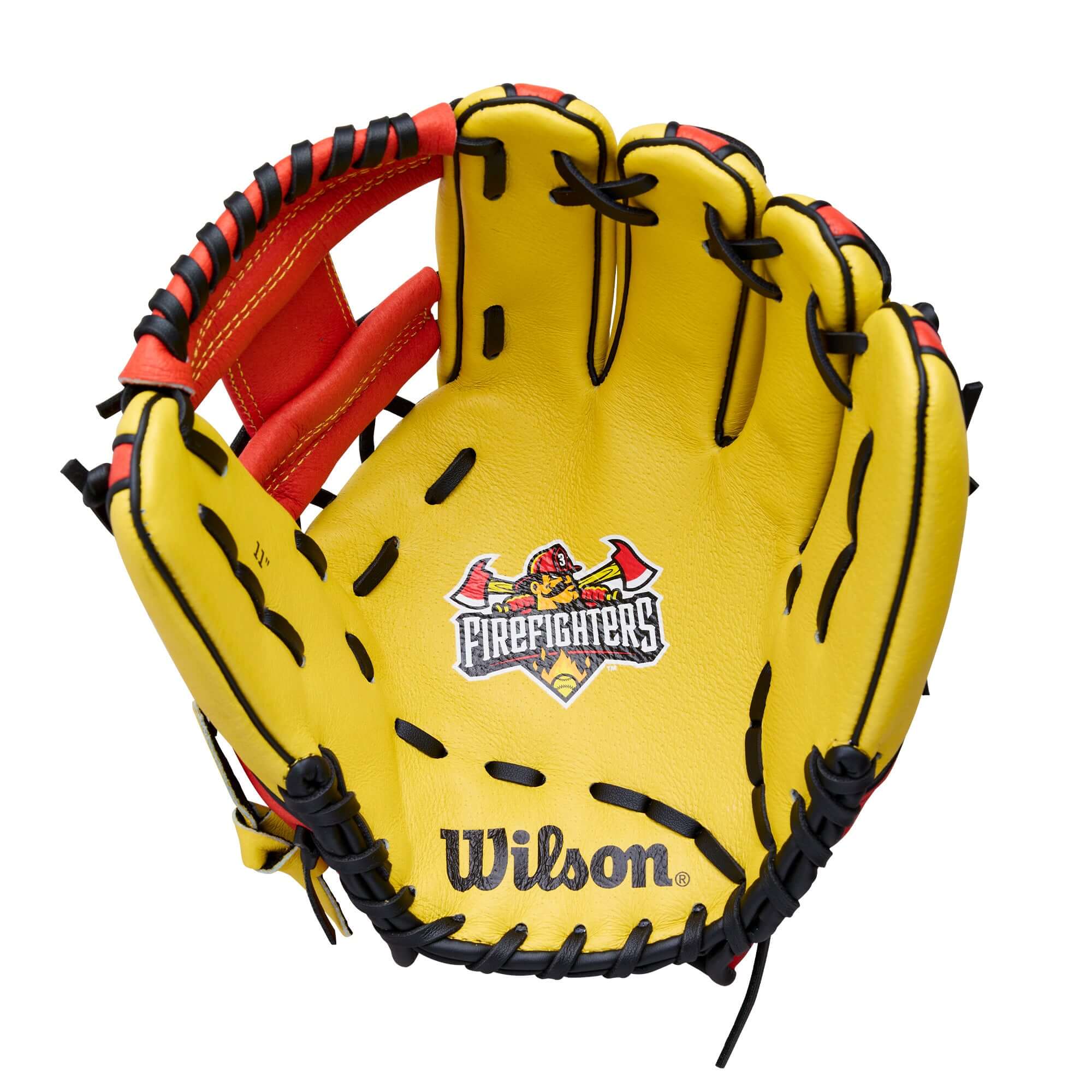 Palm view of Wilson 2026 A450 Firefighters 11" Youth Baseball Glove showing soft top grain leather and deep pocket.