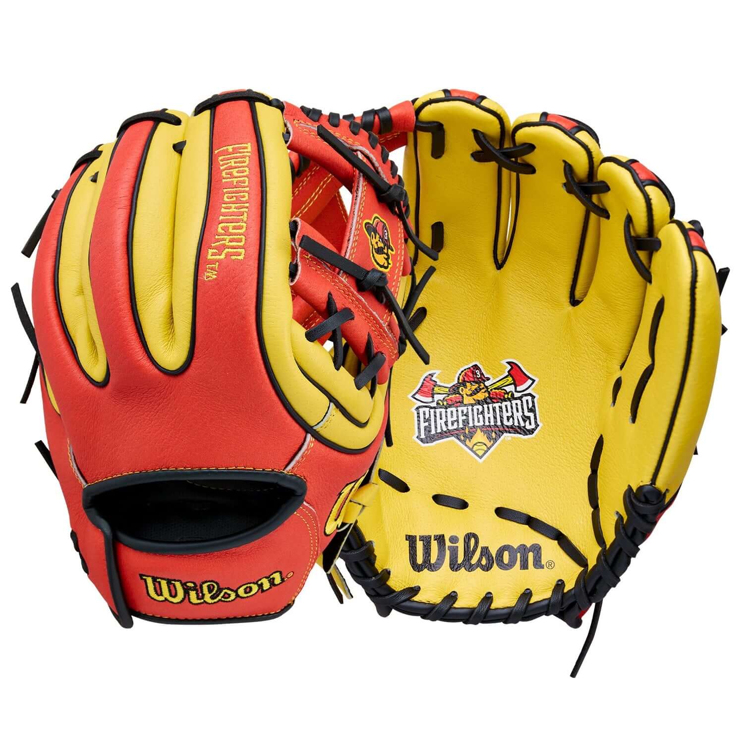 Wilson 2026 A450 Firefighters 11" Youth Baseball Glove front and back showing red and yellow design with H-Web construction.