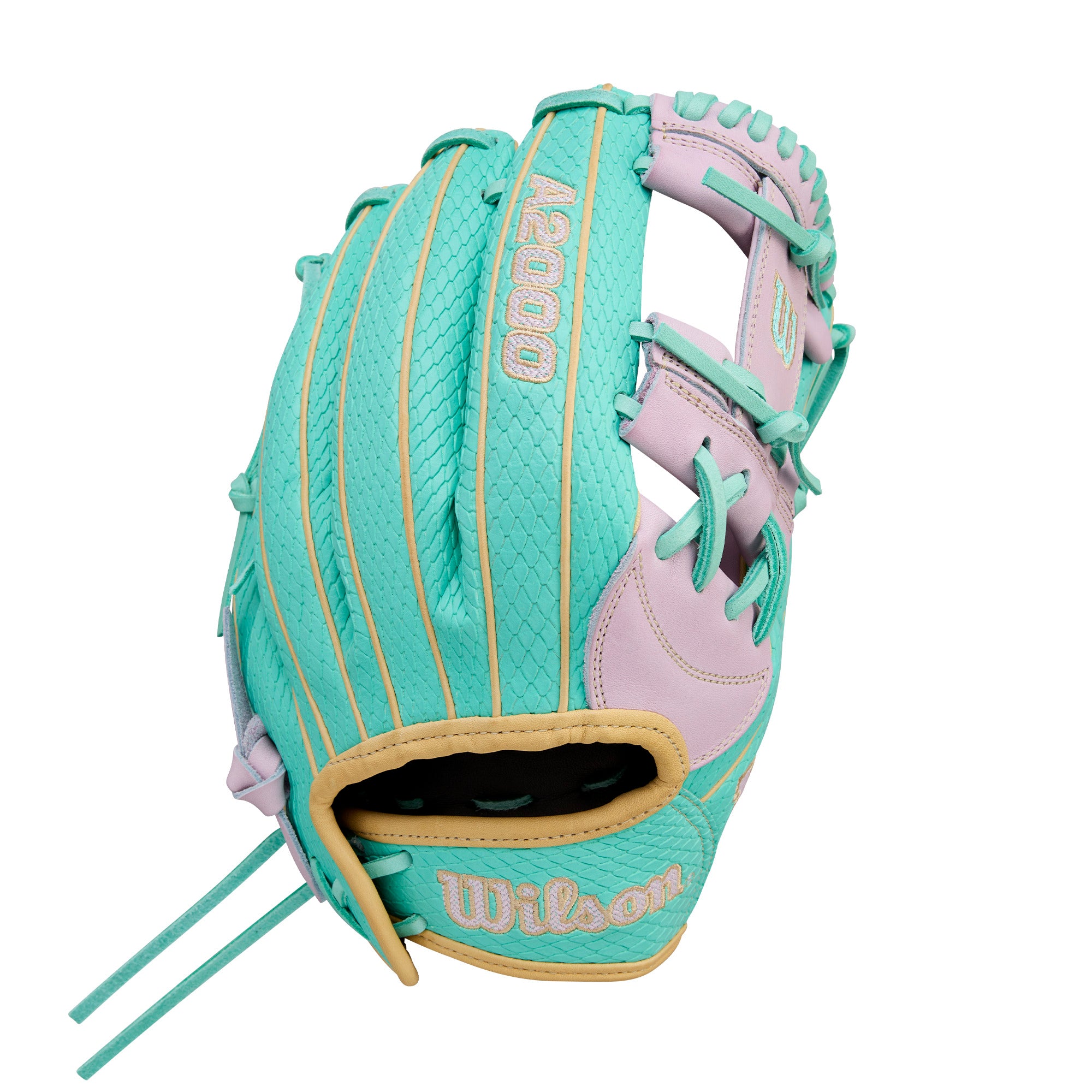 Wilson Spring 2026 A2000 H12SS 12 Infield Fastpitch Softball Glove in teal and pink, designed for durability and control.