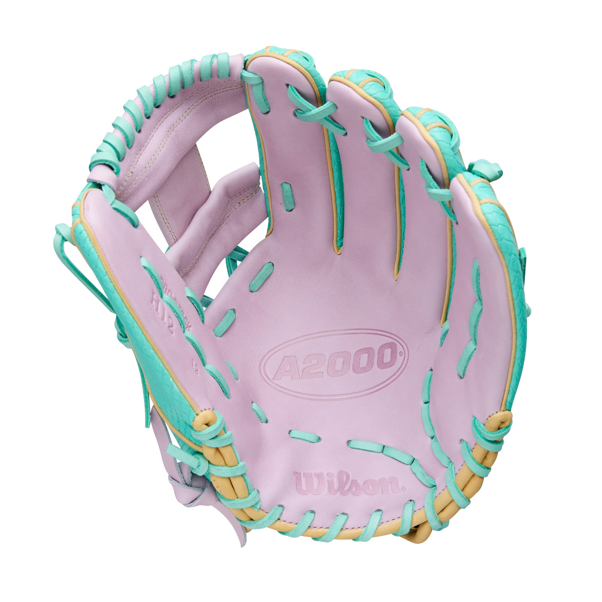Wilson Spring 2026 A2000 H12SS 12 Infield Fastpitch Softball Glove for infielders in purple and teal design.