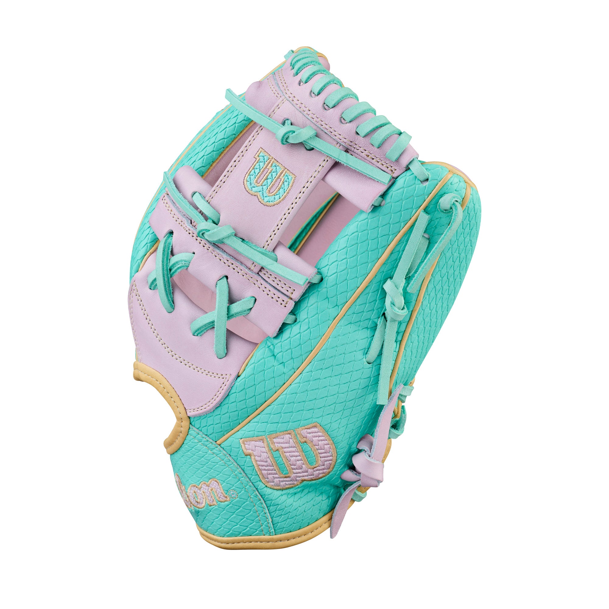 Wilson Spring 2026 A2000 H12SS 12 Infield Fastpitch Softball Glove in mint and lavender colors for infielders.