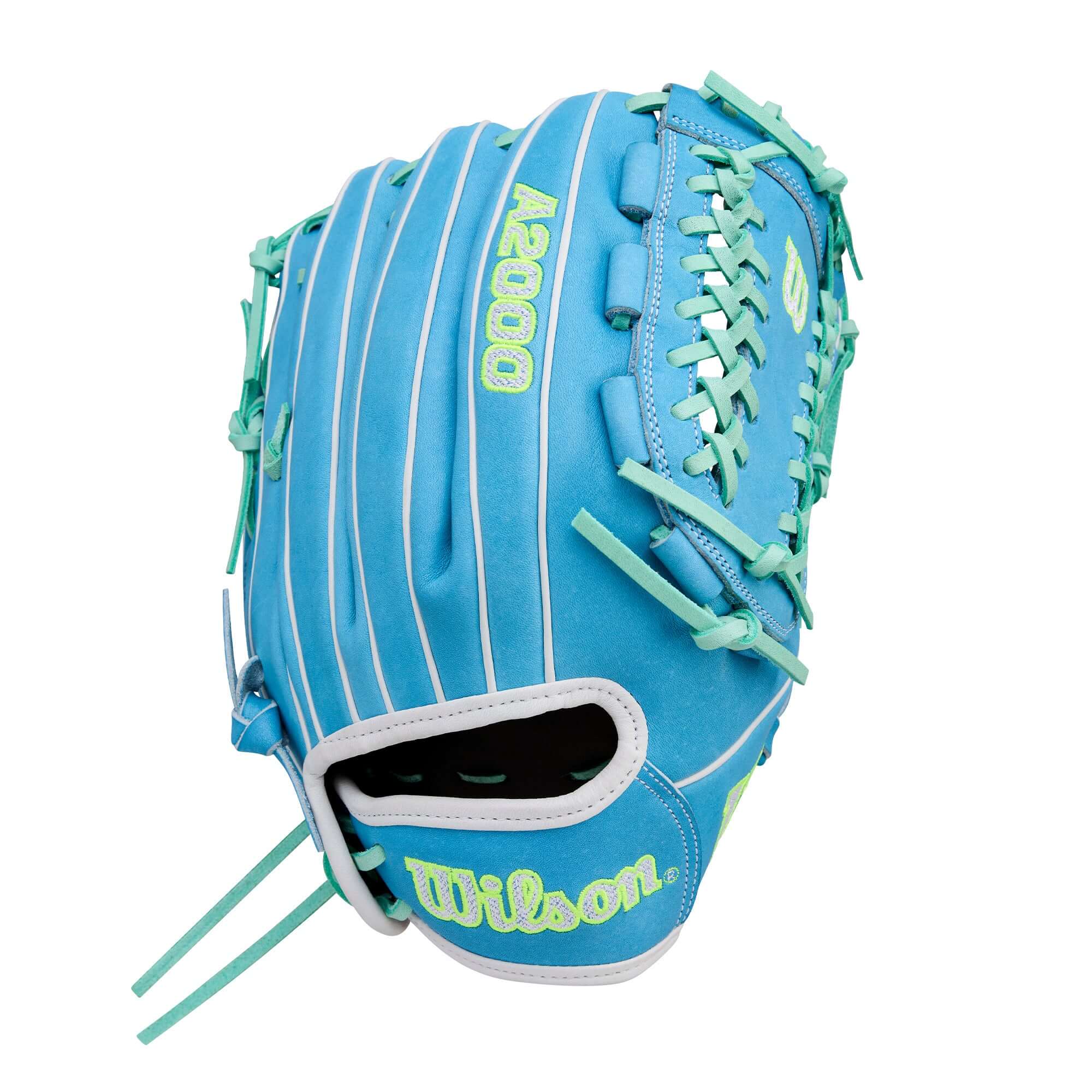 Wilson Spring 2026 A2000 FPHG 12” Pitcher’s Fastpitch Softball Glove with Closed Hourglass Web, backhand view, sky blue leather.