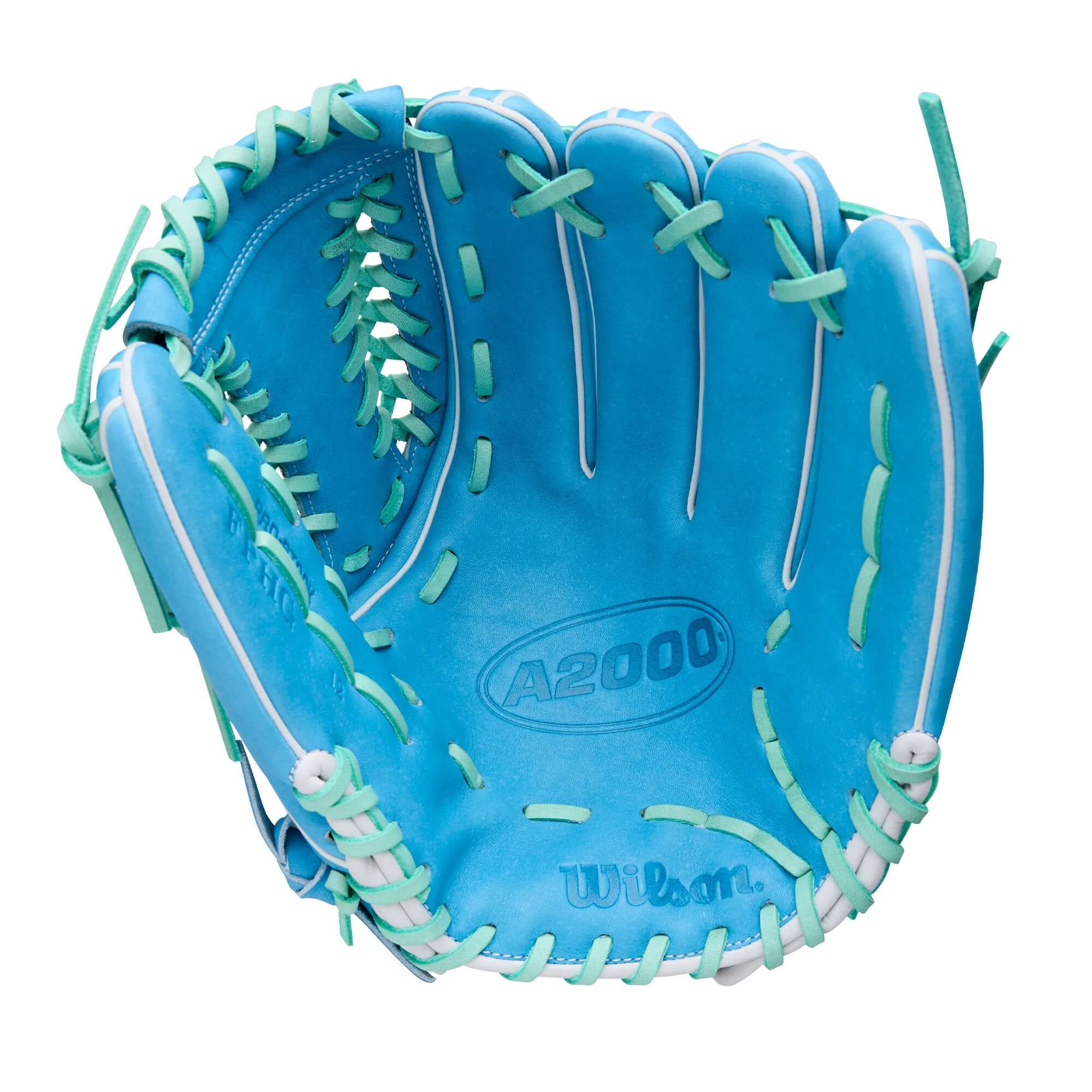 Wilson Spring 2026 A2000 FPHG 12” Pitcher’s Fastpitch Softball Glove palm view, Sky Blue leather, Closed Hourglass Web.