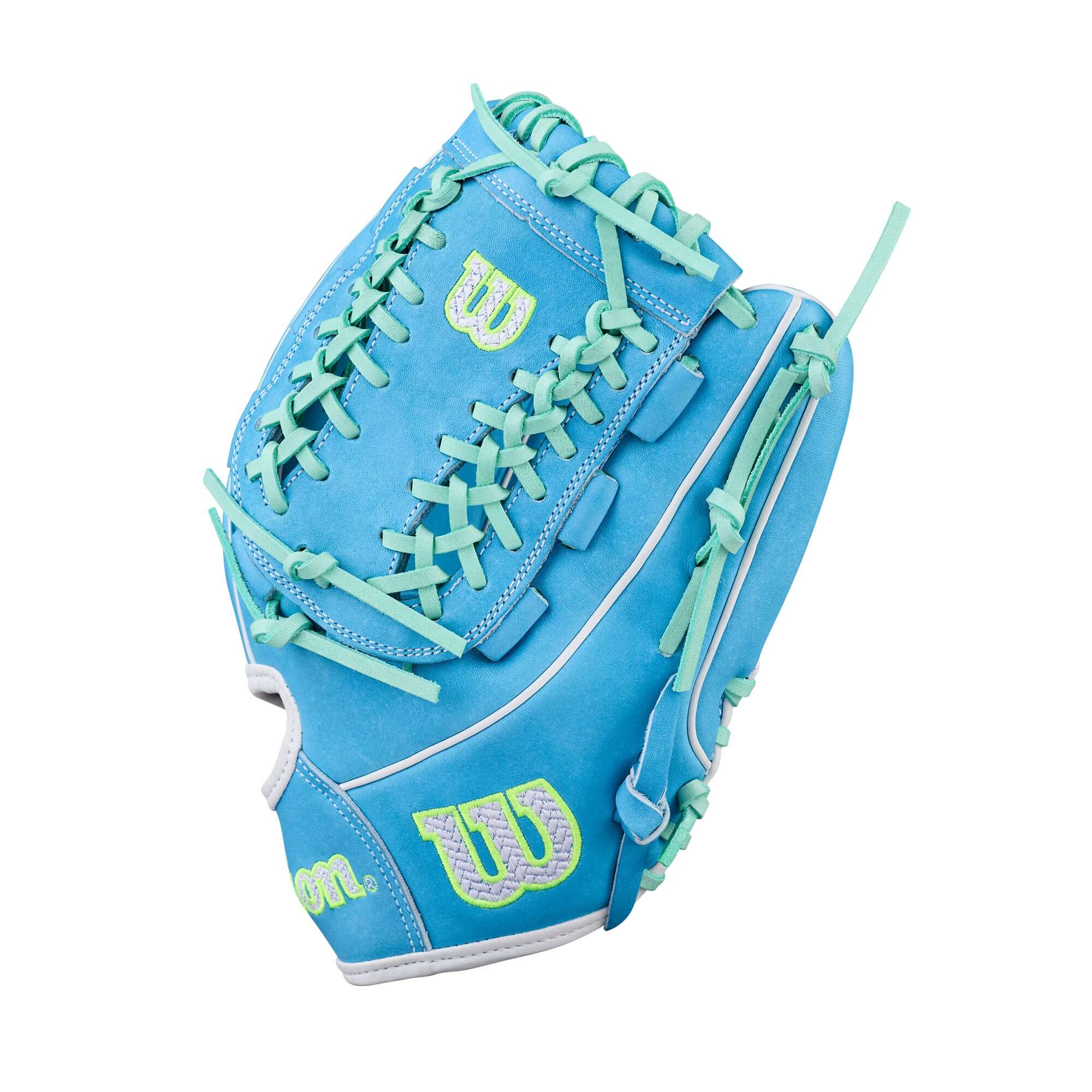 Wilson Spring 2026 A2000 FPHG 12” Pitcher’s Fastpitch Softball Glove sky blue side view with closed hourglass web and aqua lacing
