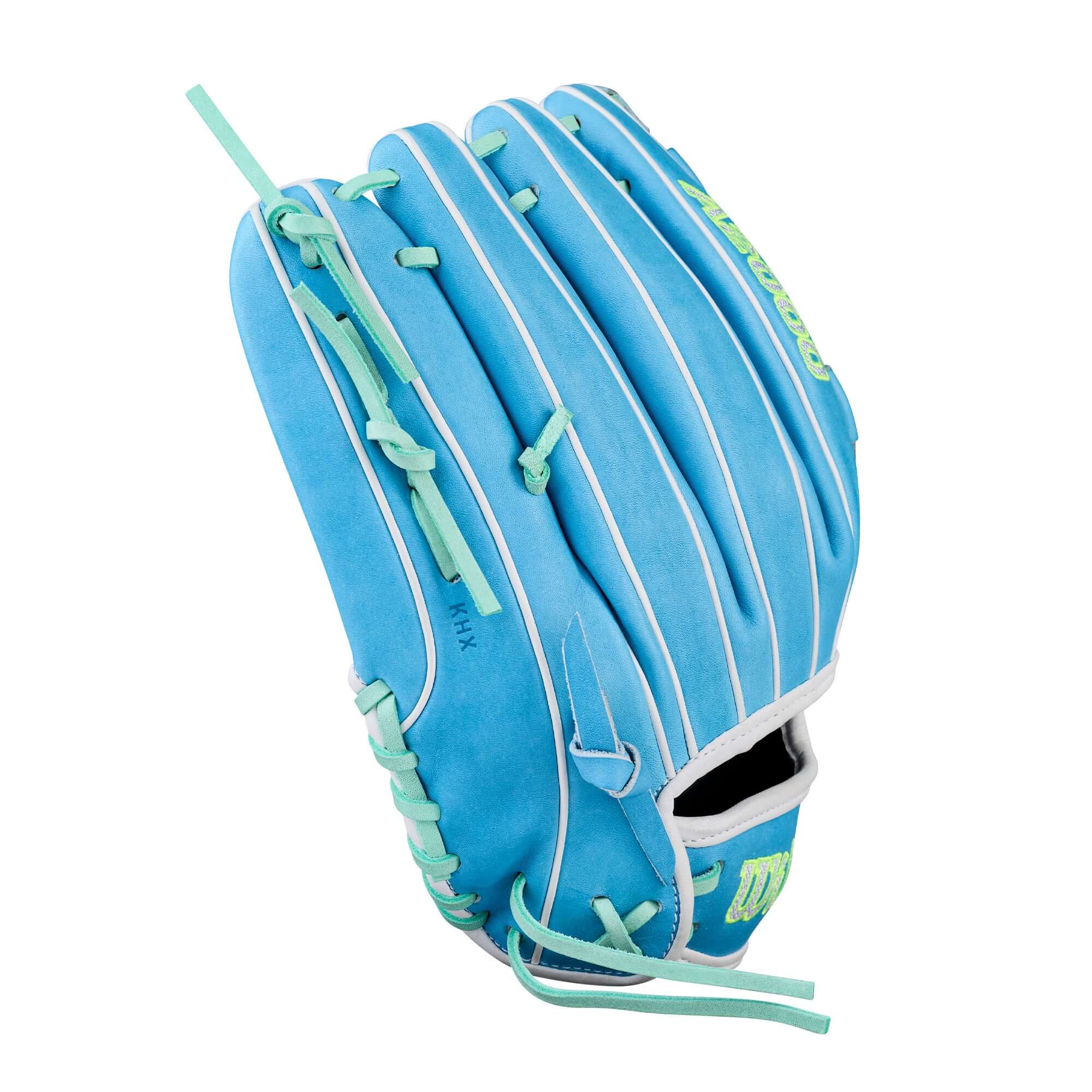 Backhand view of Wilson Spring 2026 A2000 FPHG 12” Pitcher’s Fastpitch Softball Glove in sky blue with mint lacing and hourglass web.