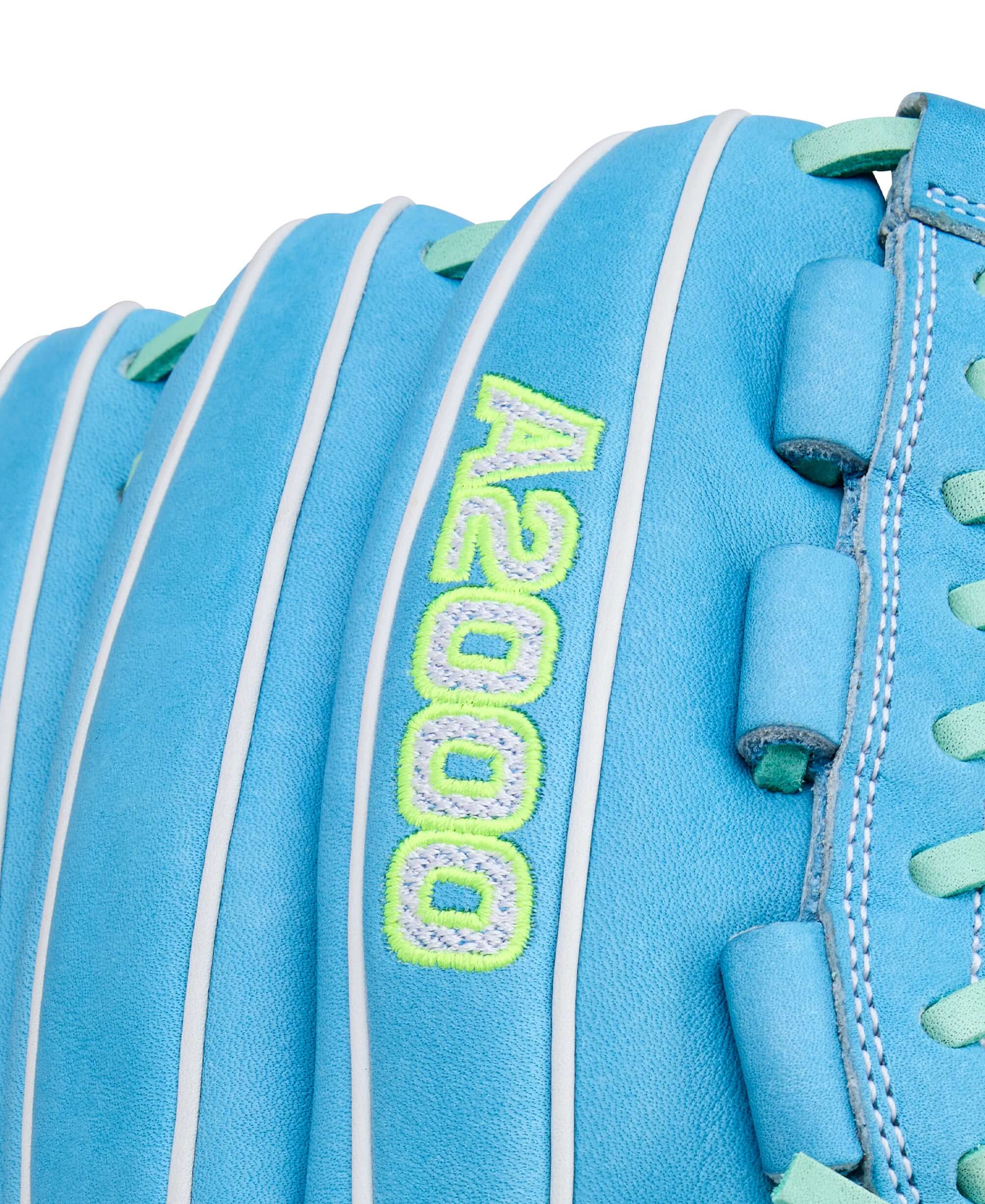 Close-up of Wilson Spring 2026 A2000 FPHG glove backhand, showcasing Sky Blue leather with neon green A2000 embroidery and white piping.