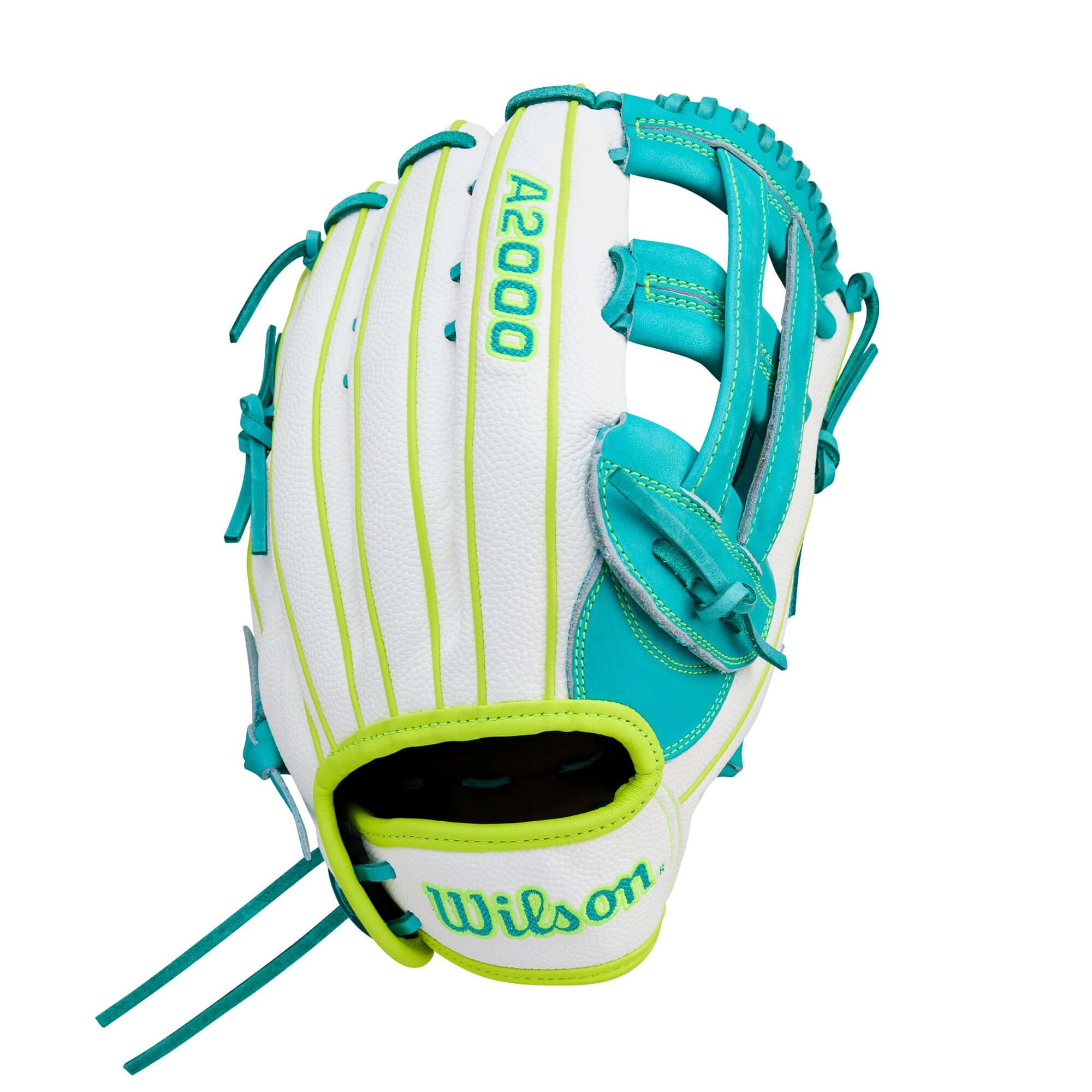 Backhand view of Wilson Spring 2026 A2000 FP50SS 12.25” Outfield Fastpitch Softball Glove LHT with teal leather and green lacing.
