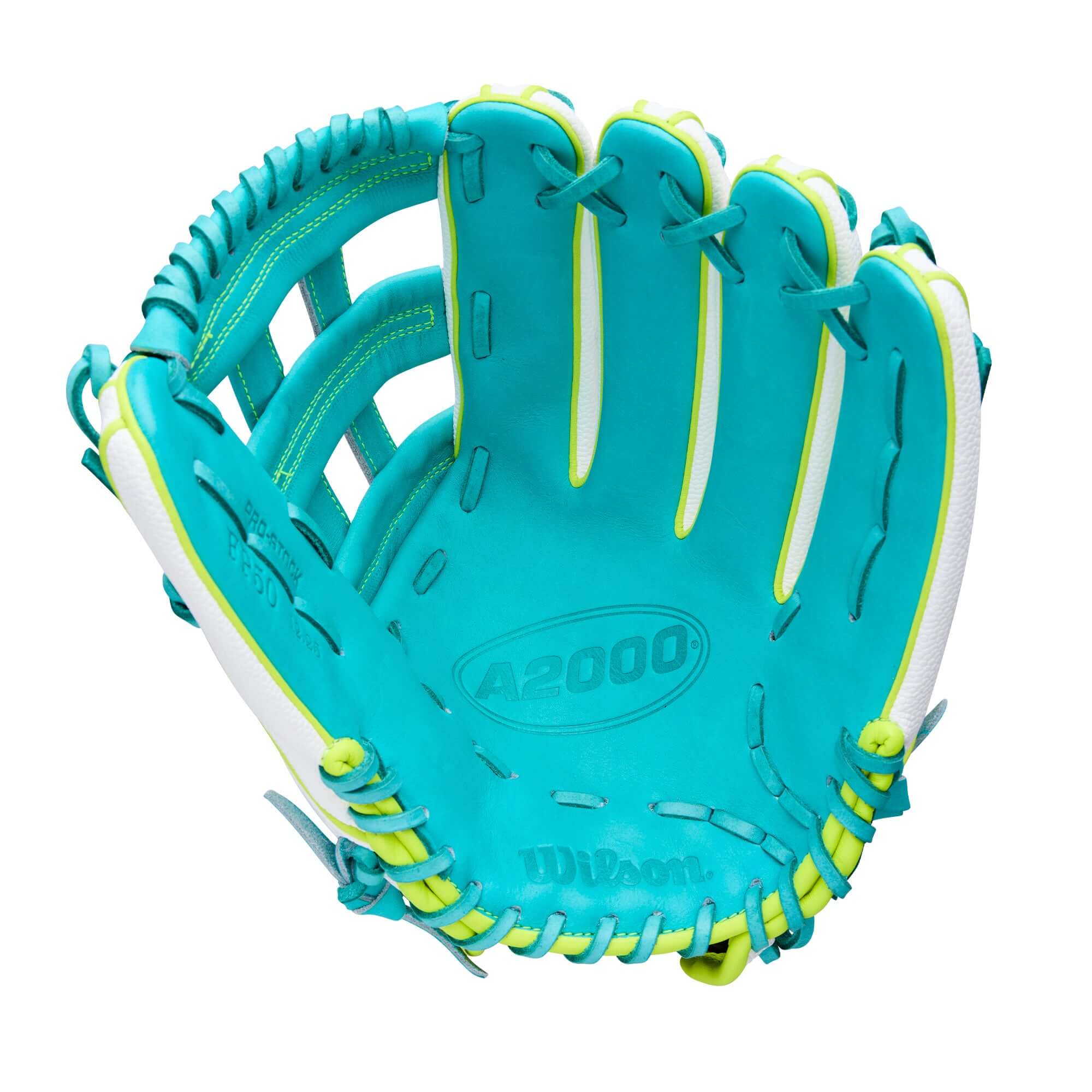 Wilson Spring 2026 A2000 FP50SS 12.25” outfield softball glove open palm view, teal leather with yellow laces.