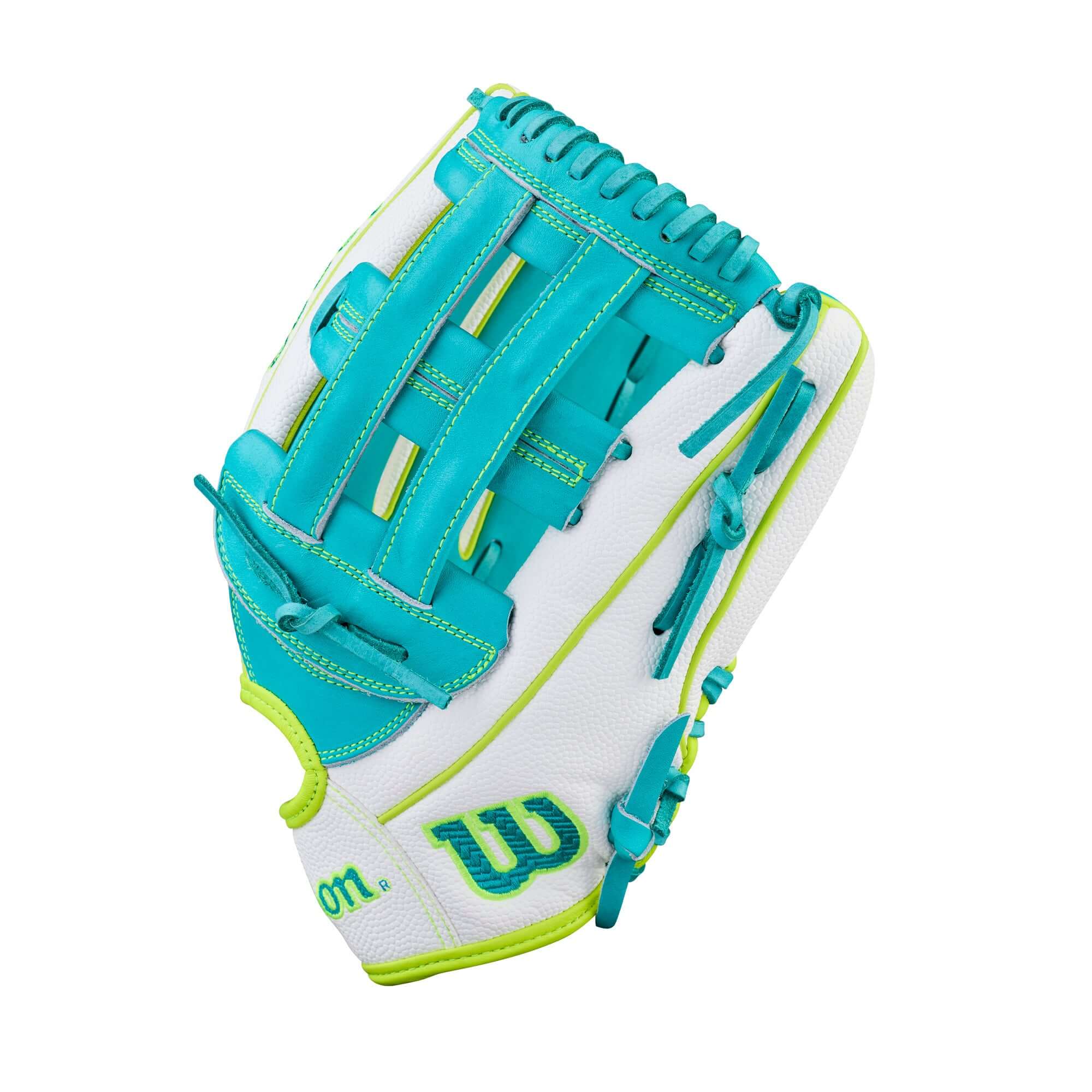 Wilson Spring 2026 A2000 FP50SS 12.25” Outfield Fastpitch Softball Glove LHT, backhand view, teal Pro Stock® Leather with H-web design