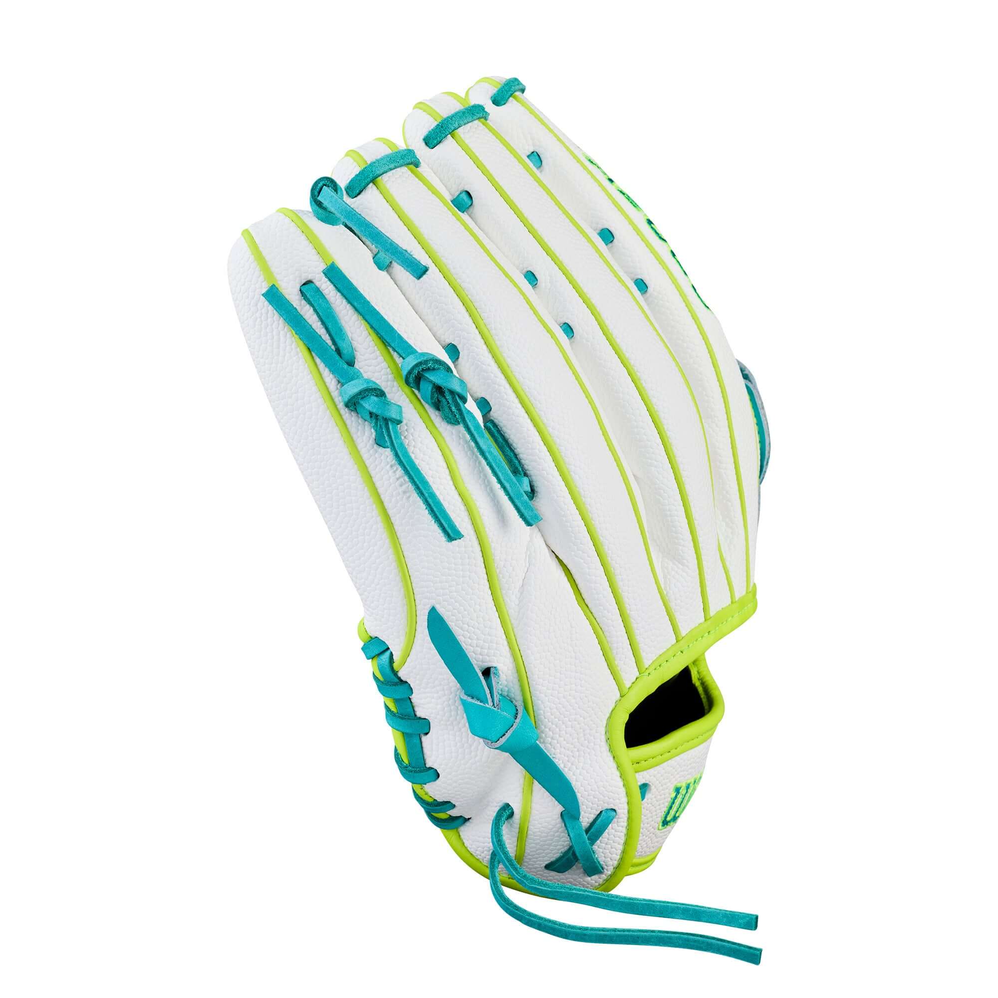 Wilson Spring 2026 A2000 FP50SS 12.25” glove backhand view, white with teal lacing, neon green accents.
