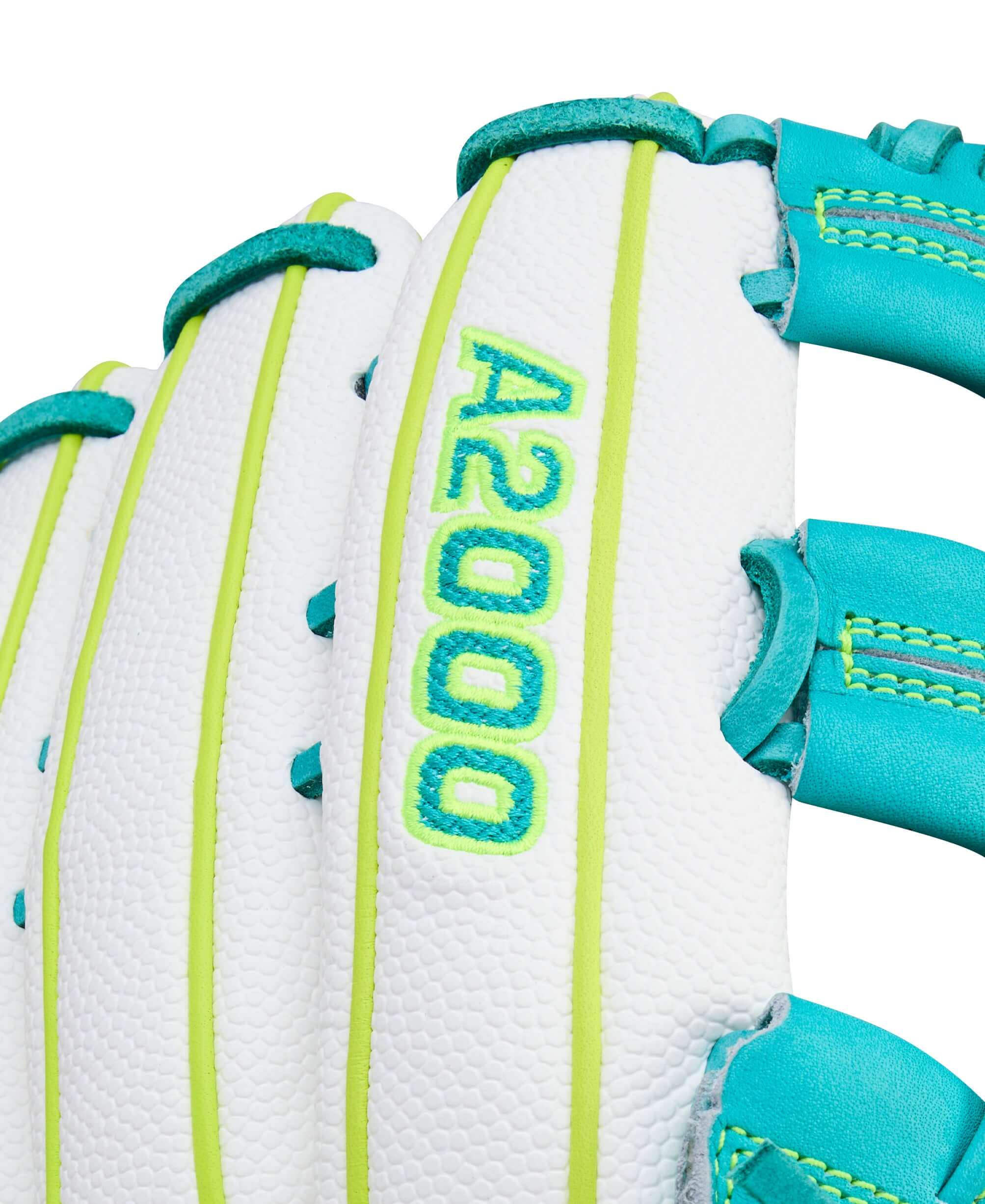 Close-up of Wilson Spring 2026 A2000 FP50SS 12.25” Outfield Fastpitch Softball Glove LHT teal stitching on white leather