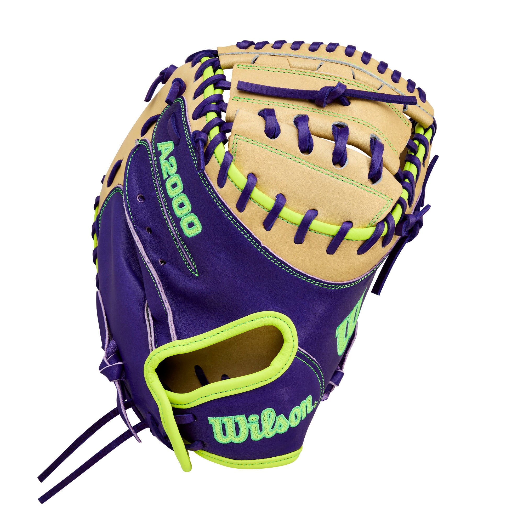 Wilson Spring 2026 A2000 FPCM23 34” Fastpitch Softball Catcher’s Mitt, purple and tan leather with neon green accents.