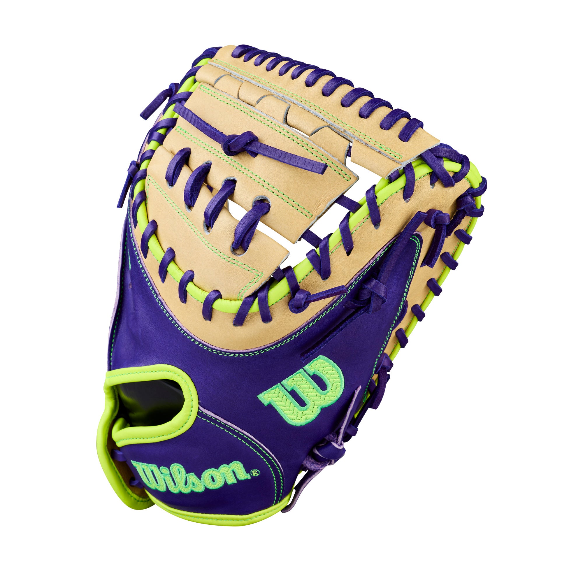 Wilson Spring 2026 A2000 FPCM23 34” Fastpitch Softball Catcher’s Mitt in purple and tan leather, designed for superior performance.