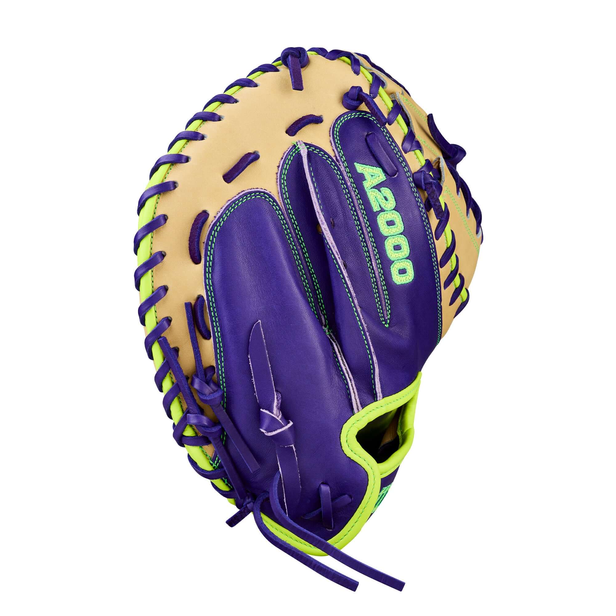 Wilson Spring 2026 A2000 FPCM23 34” Fastpitch Softball Catcher’s Mitt with purple and tan design, optimal for catchers.