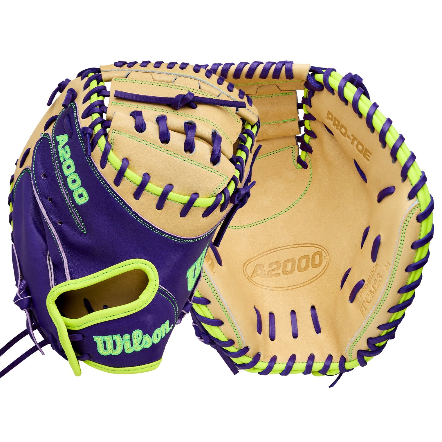 Wilson Spring 2026 A2000 FPCM23 34” Fastpitch Softball Catcher’s Mitt displayed showing detailed design and stitching, ideal for catchers.