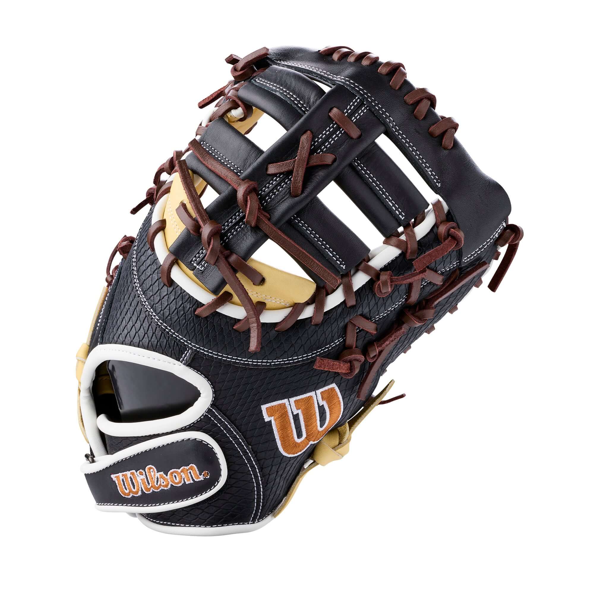 Wilson 2026 A1000 PF1612 Secret Menu 12" Baseball First Base Mitt LHT backhand view, black and tan leather with brown laces, H-web design.