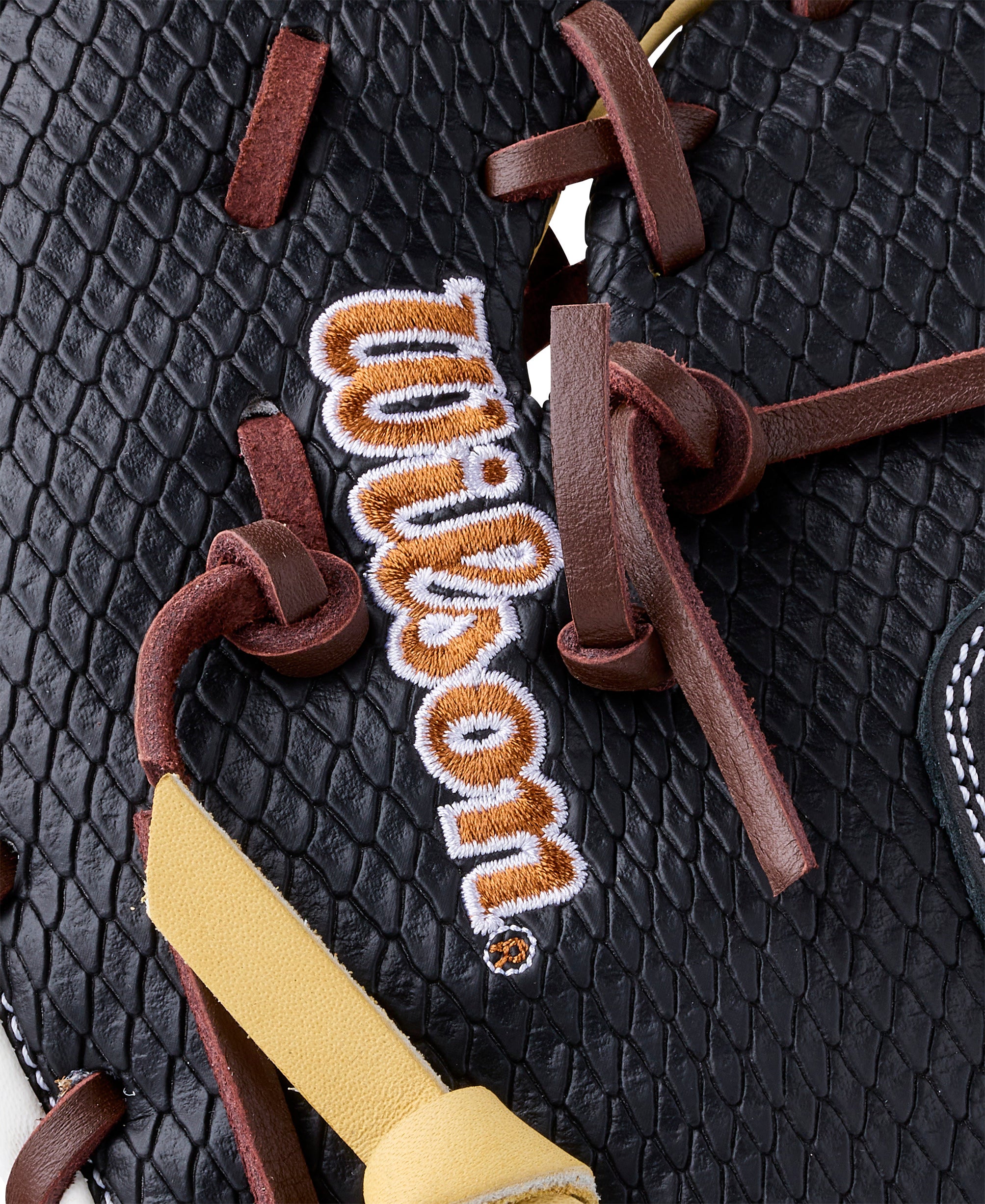 Close-up of Wilson logo on the Wilson 2026 A1000 PF1612 Secret Menu 12 Baseball First Base Mitt LHT.