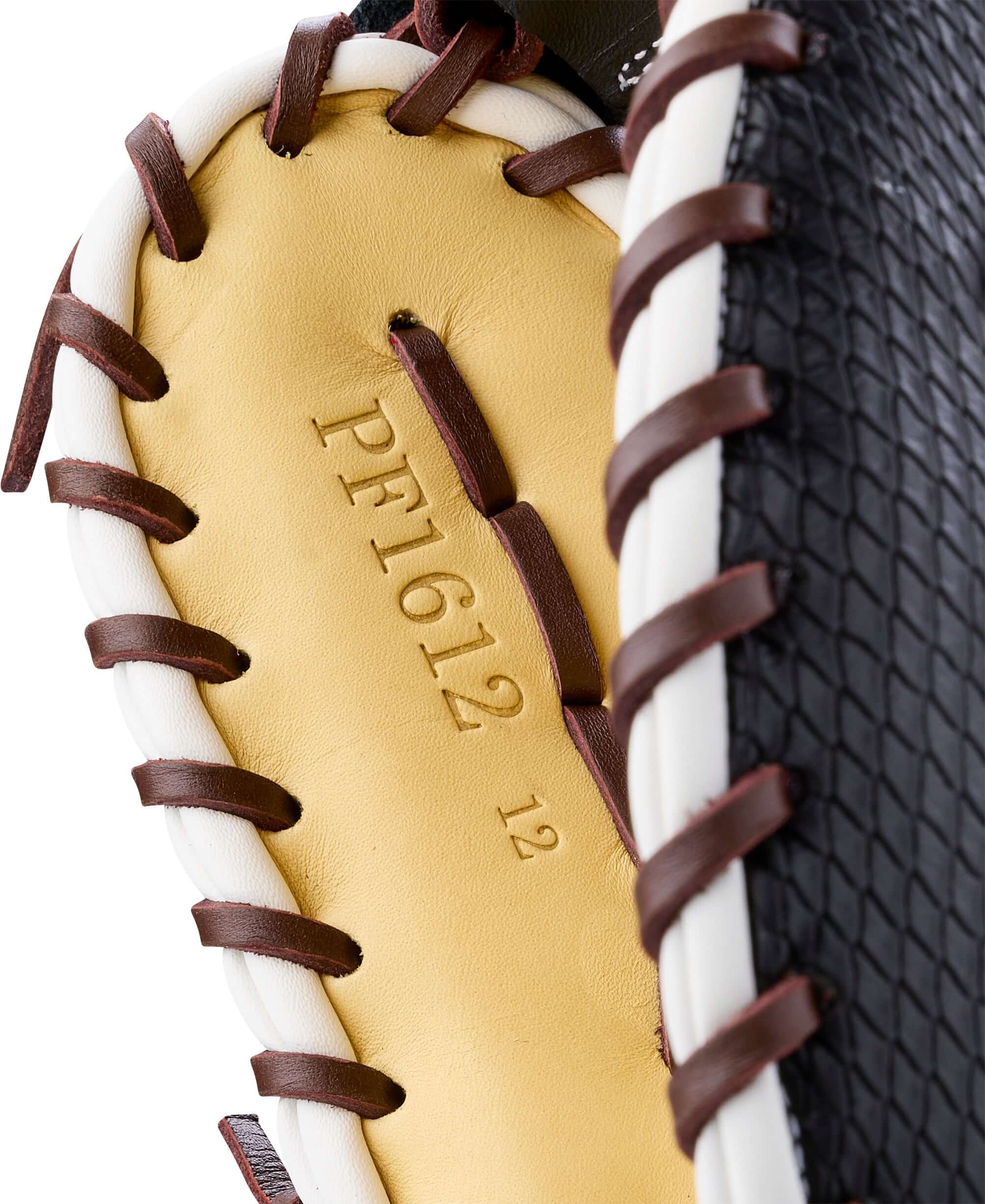 Wilson 2026 A1000 PF1612 Secret Menu 12" Baseball First Base Mitt LHT, close-up of interior leather liner with model number.