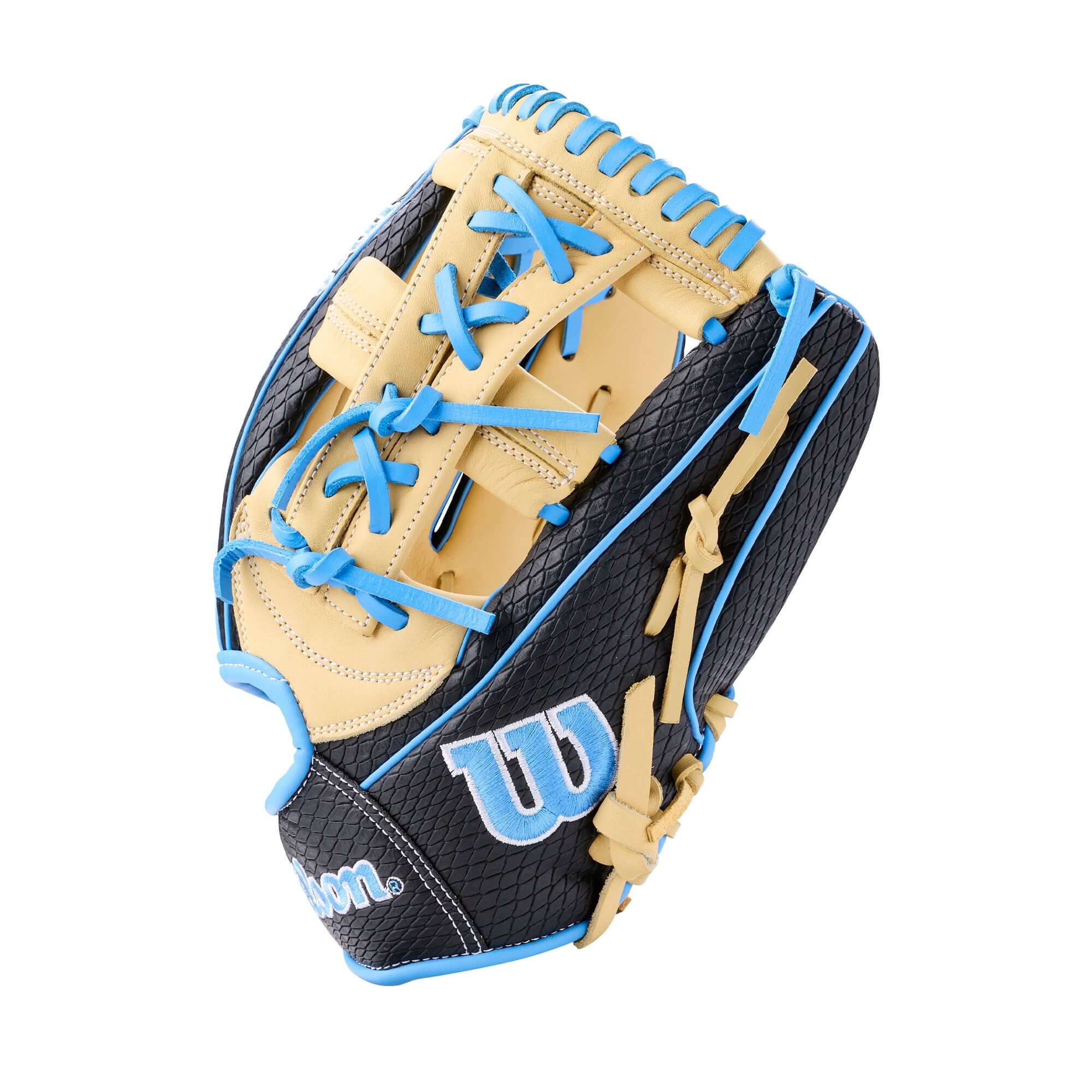 Wilson 2026 A1000 FP75 Secret Menu 11.75” Fastpitch Softball Glove in black and blue with unique design details.