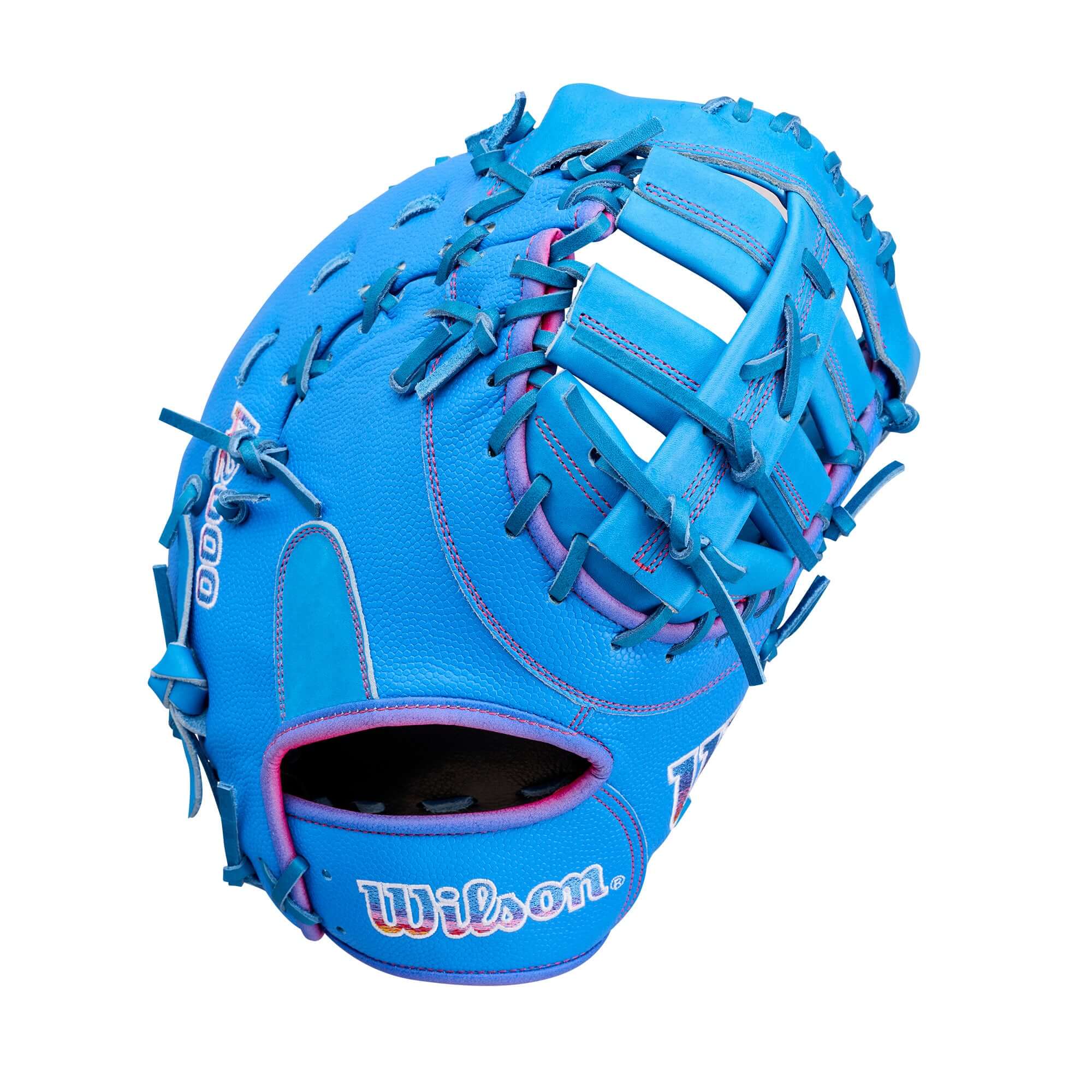 Wilson 2026 Love the Moment A2000 1612 12” mitt backhand view, blue leather, pink lacing and stitching