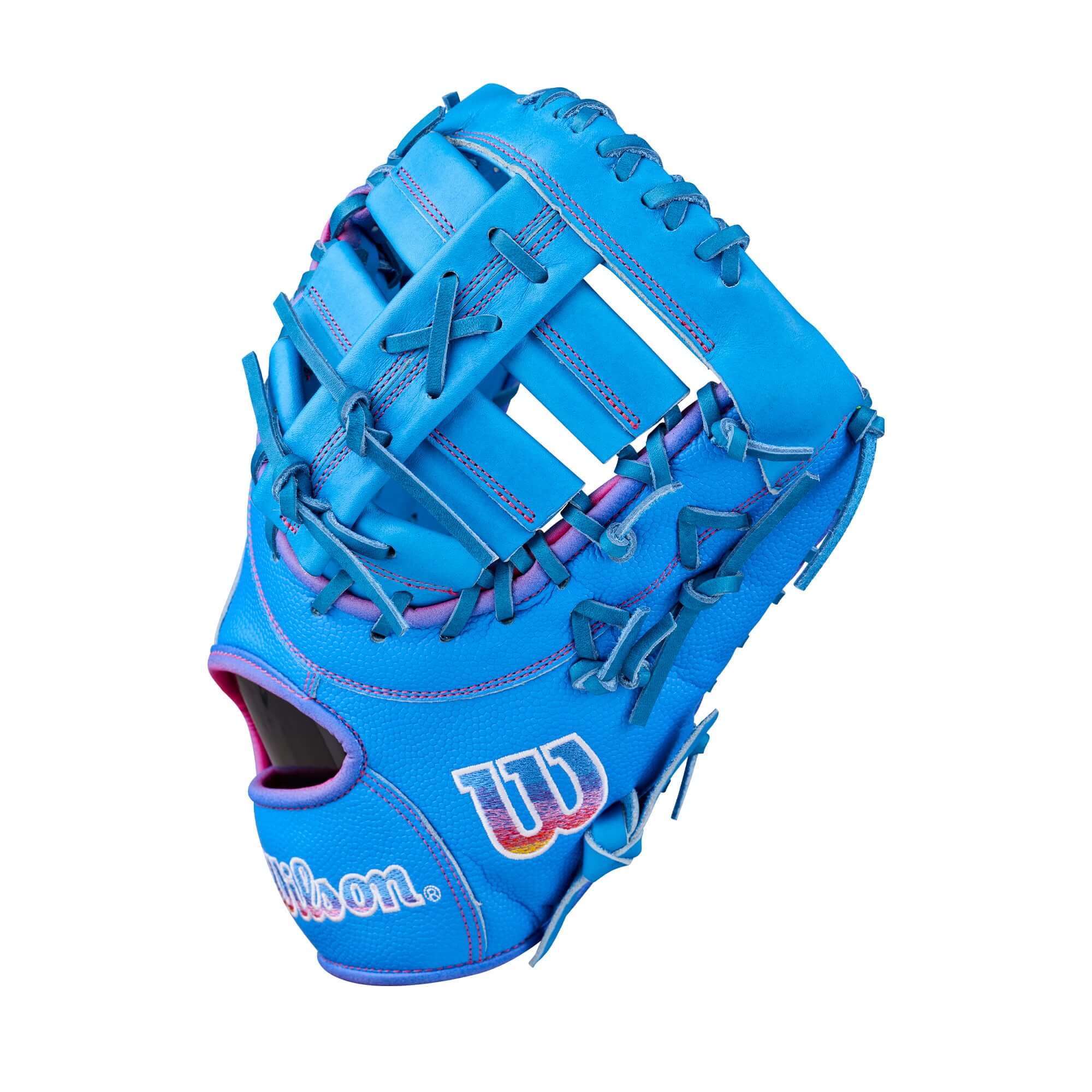 Wilson 2026 Love the Moment A2000 1612 12” Baseball First Base Mitt side view, blue color with H-web and pink accents