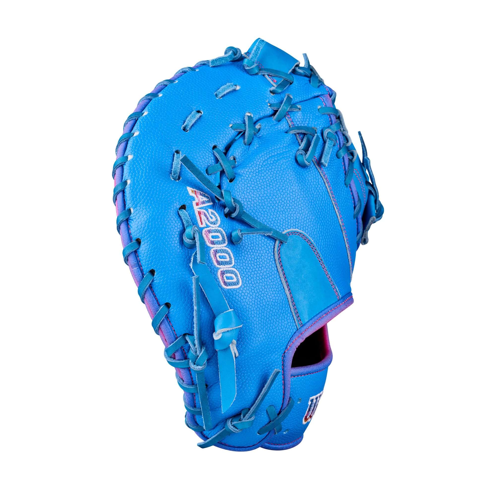 Wilson 2026 Love the Moment A2000 1612 12” Baseball First Base Mitt, side view, blue with pink lacing