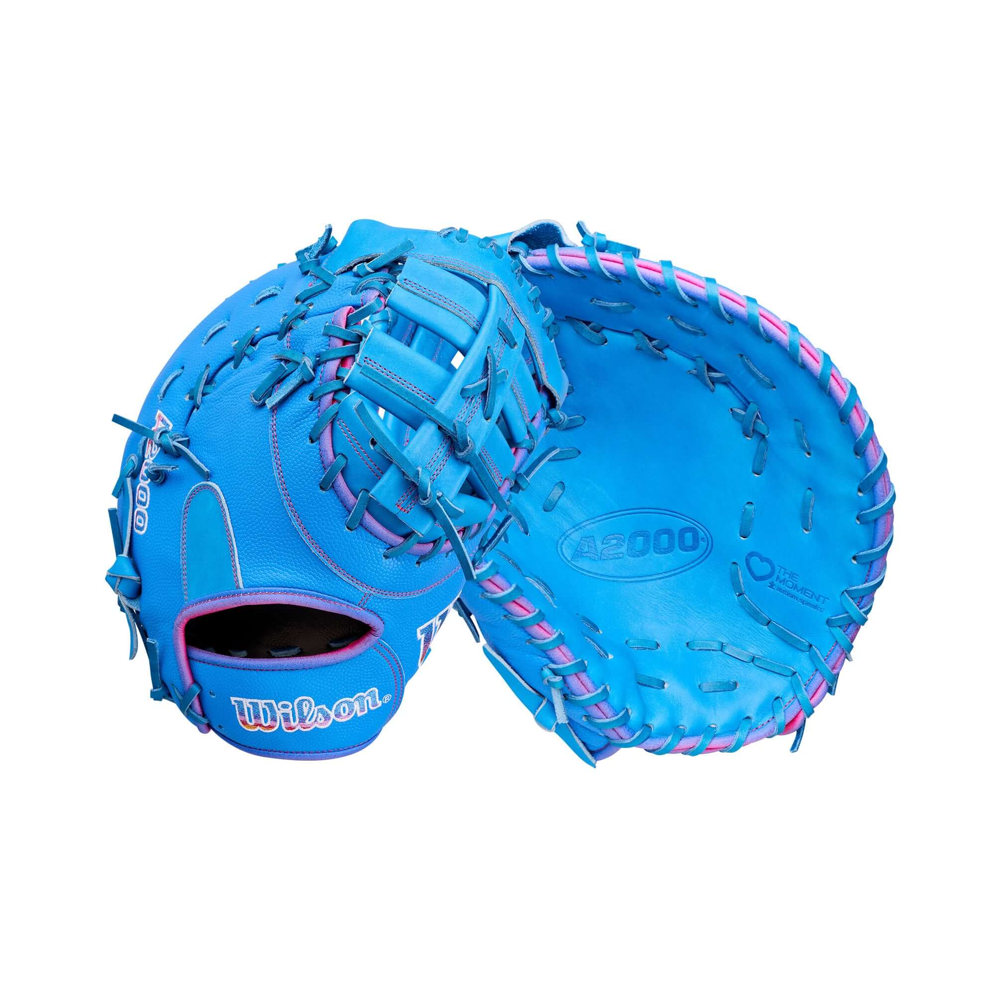 Backhand and palm view of Wilson 2026 Love the Moment A2000 1612 12” Baseball First Base Mitt in blue with pink lacing.