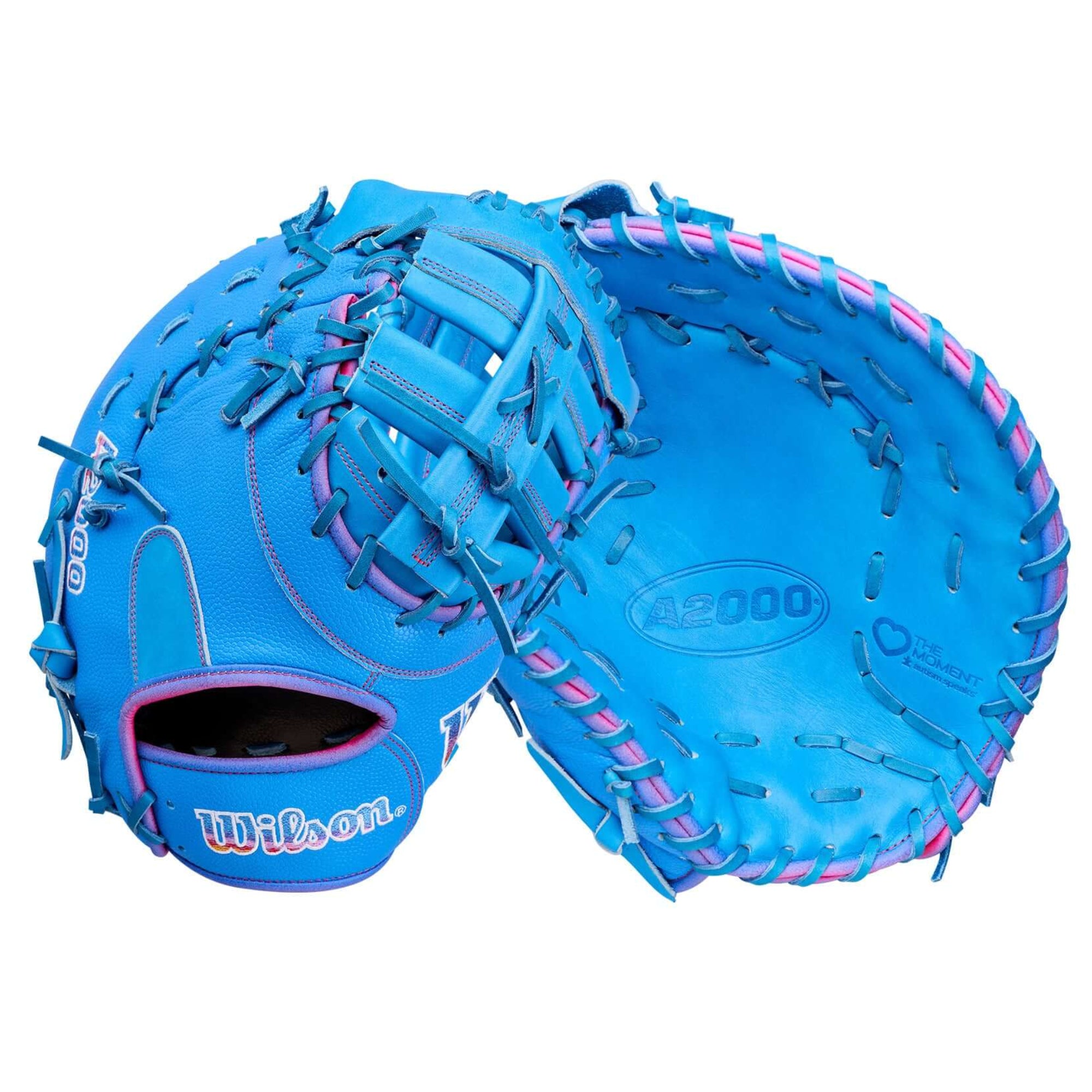 Backhand and palm view of Wilson 2026 Love the Moment A2000 1612 12” Baseball First Base Mitt in blue with pink lacing.