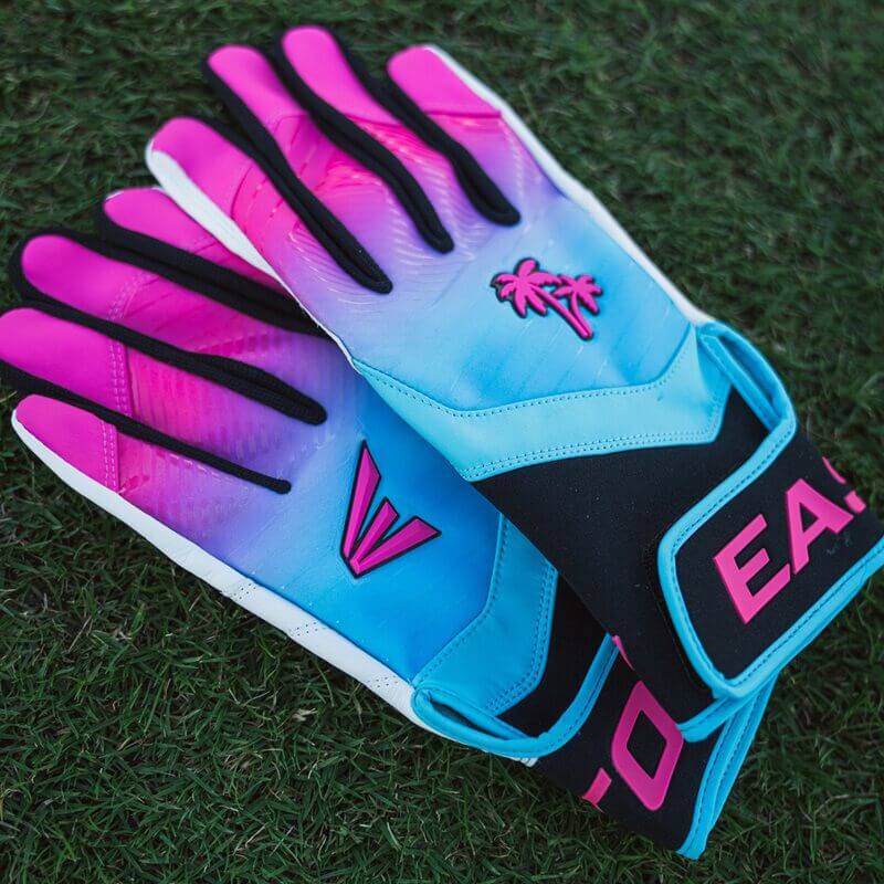 Easton Walk-Off Ethos South Beach Batting Gloves worn on both hands with matching South Beach colorway.
