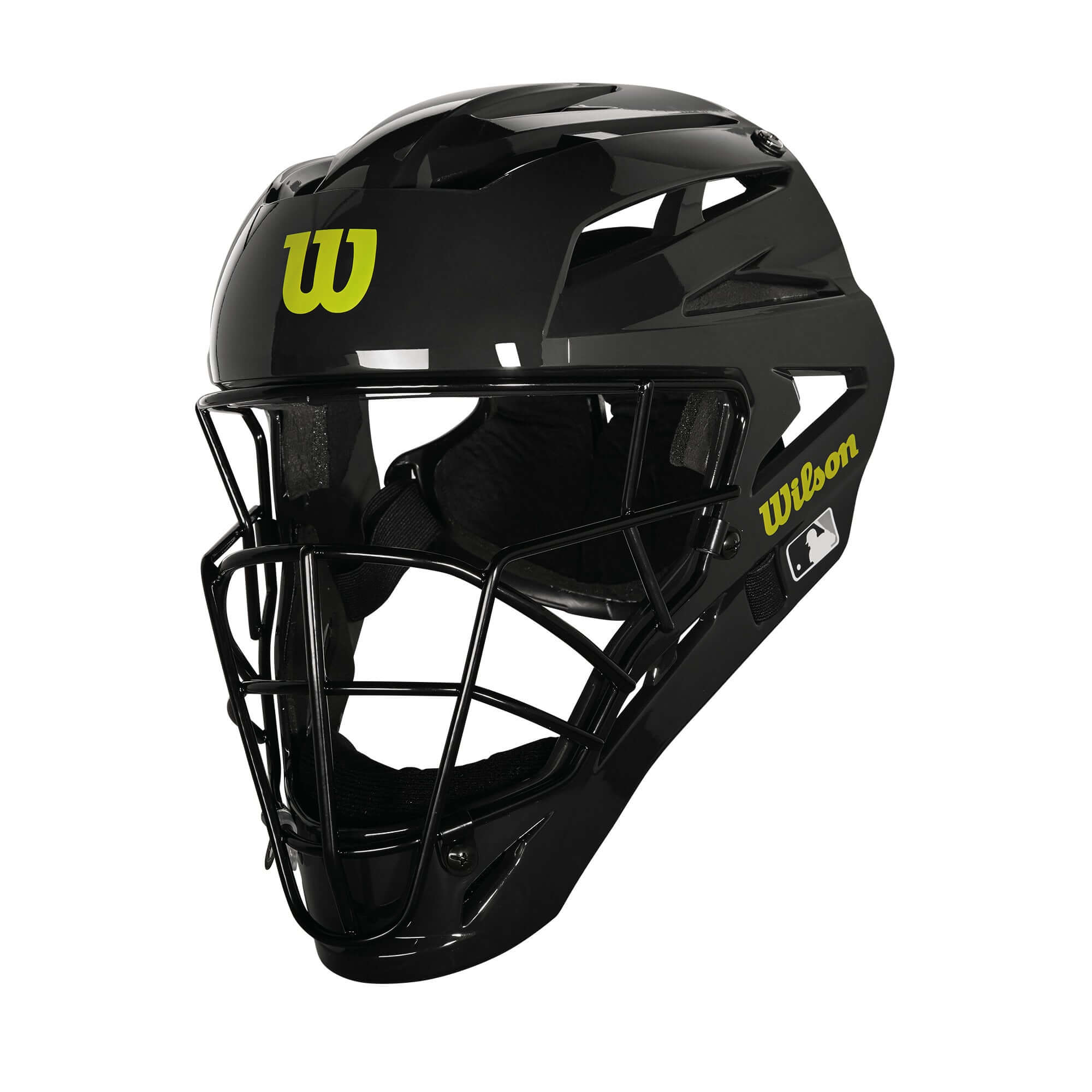 Wilson Pro Stock Steel Umpire Helmet featuring low profile design and high tensile steel wire cage for improved visibility.