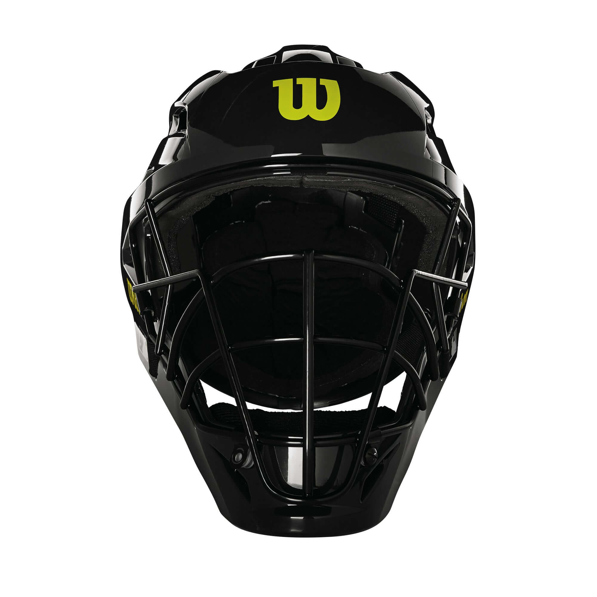 Wilson Pro Stock Steel Umpire Helmet in black with high tensile steel wire cage for optimal visibility and protection.