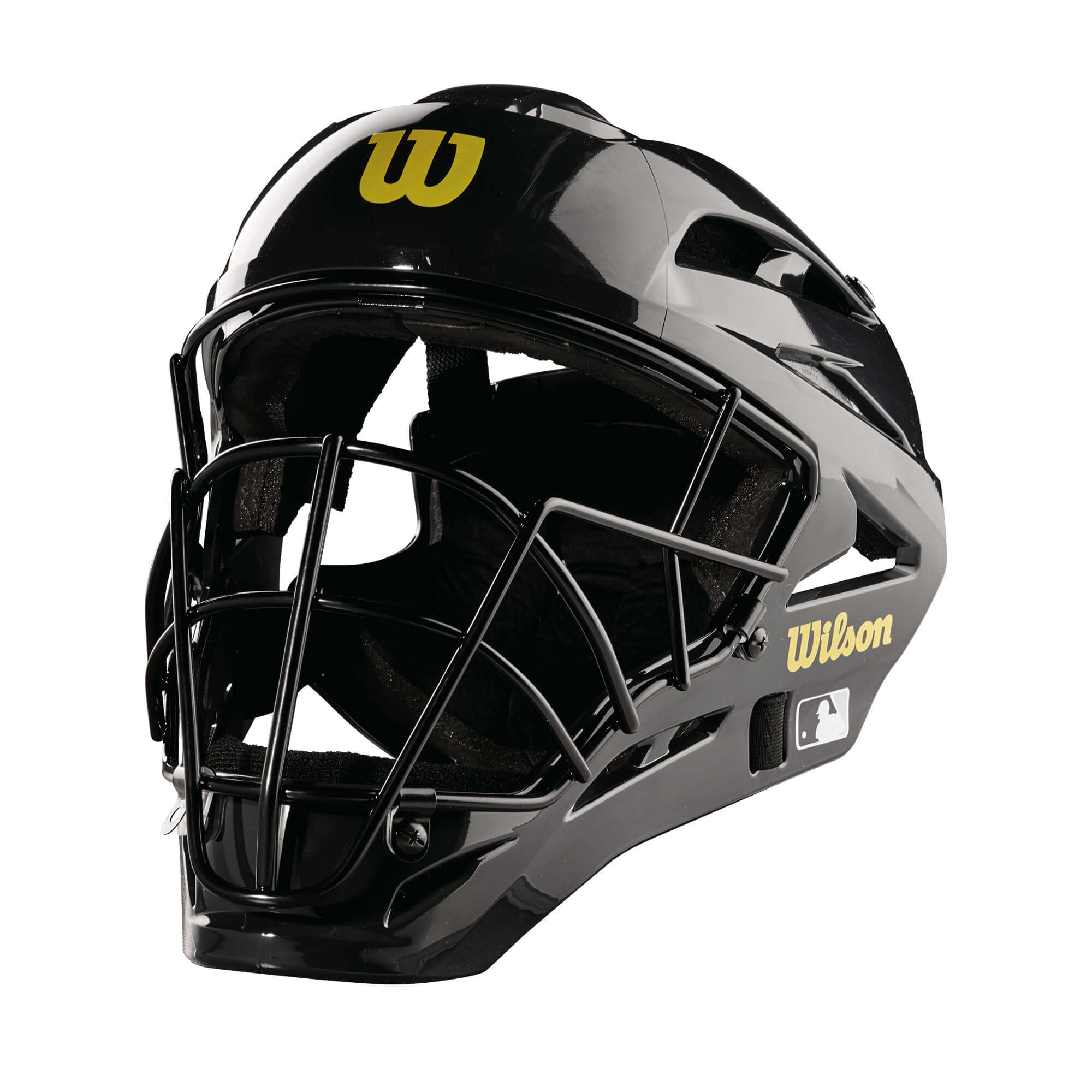 Wilson Pro Stock Steel Umpire Helmet with low profile design and high tensile steel wire cage for enhanced visibility and protection.