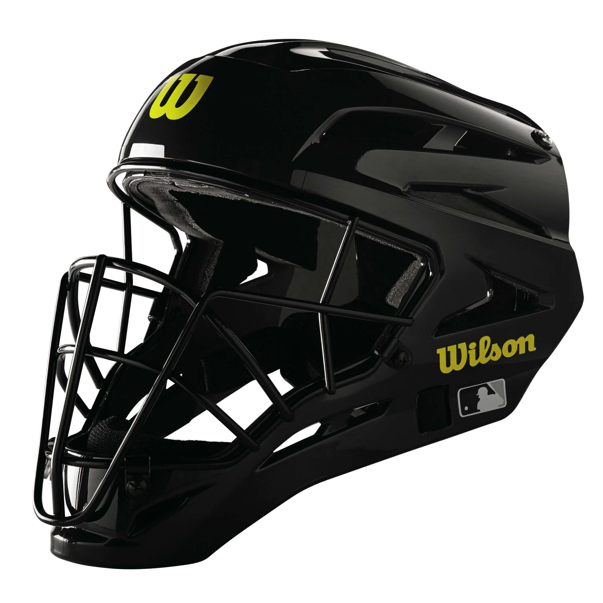Wilson Pro Stock Steel Umpire Helmet in black with a lightweight design and high tensile steel wire cage for optimal protection.