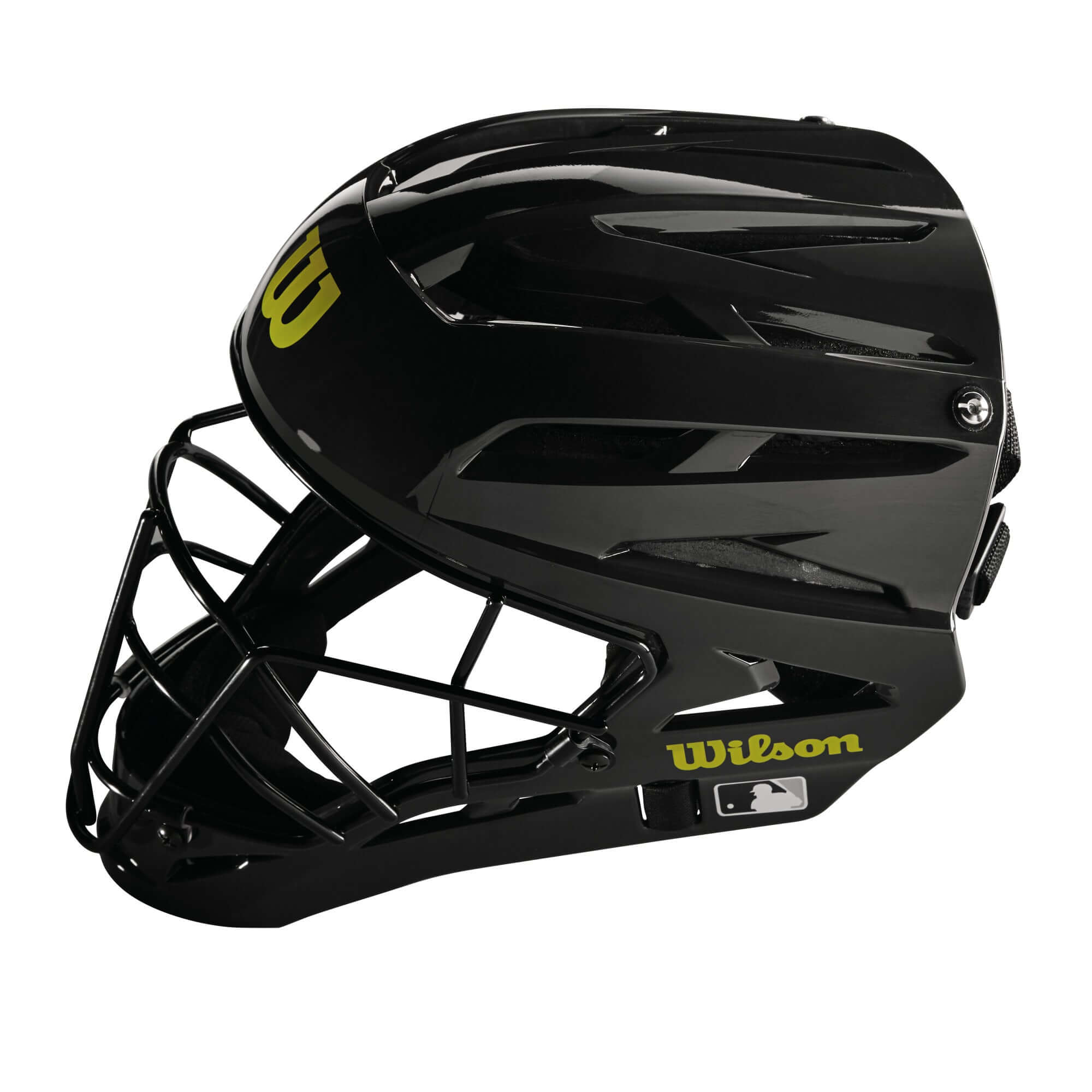 Wilson Pro Stock Steel Umpire Helmet in black with high tensile steel wire cage for maximum protection and visibility.