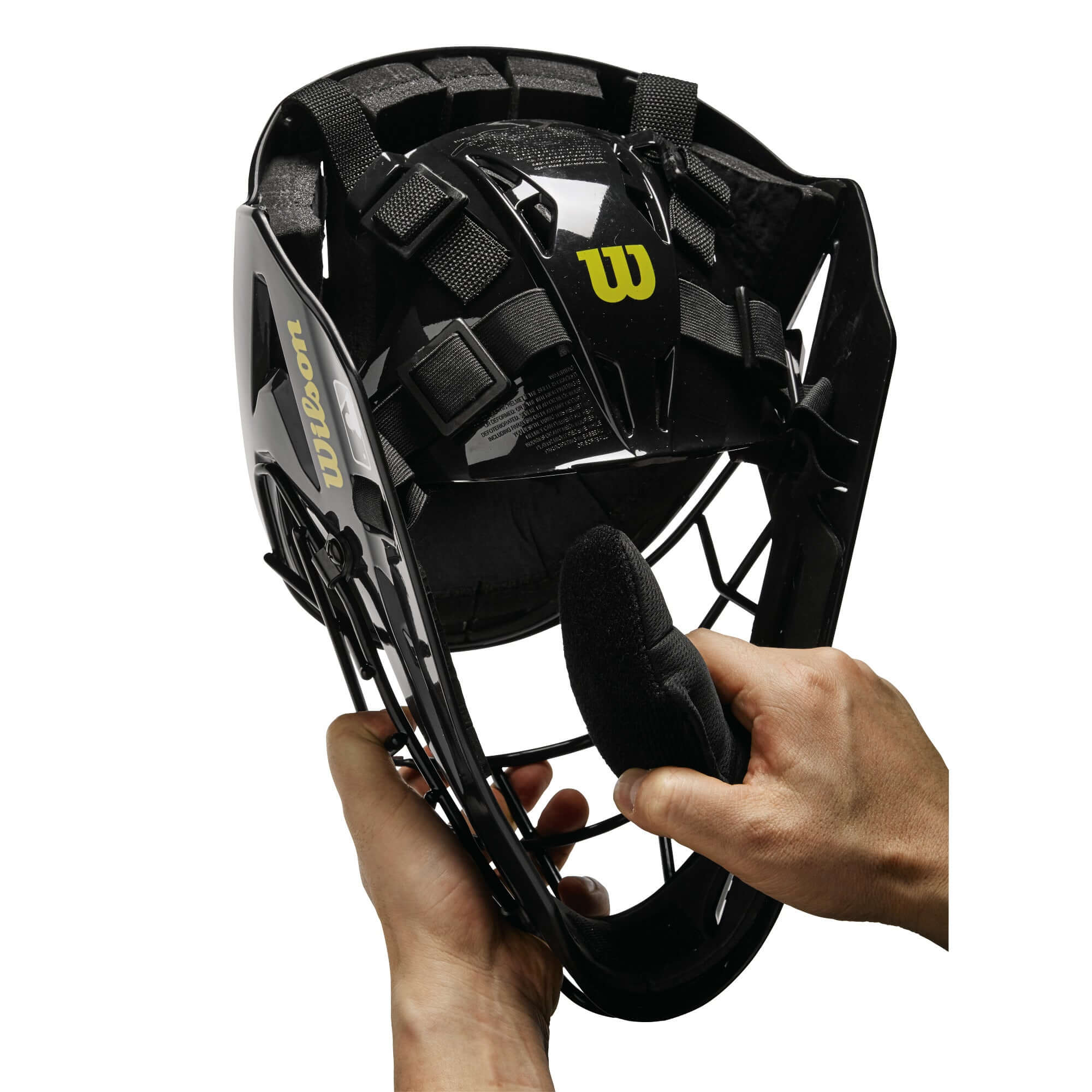 Wilson Pro Stock Steel Umpire Helmet with a low profile design and high tensile steel cage for enhanced protection and visibility.