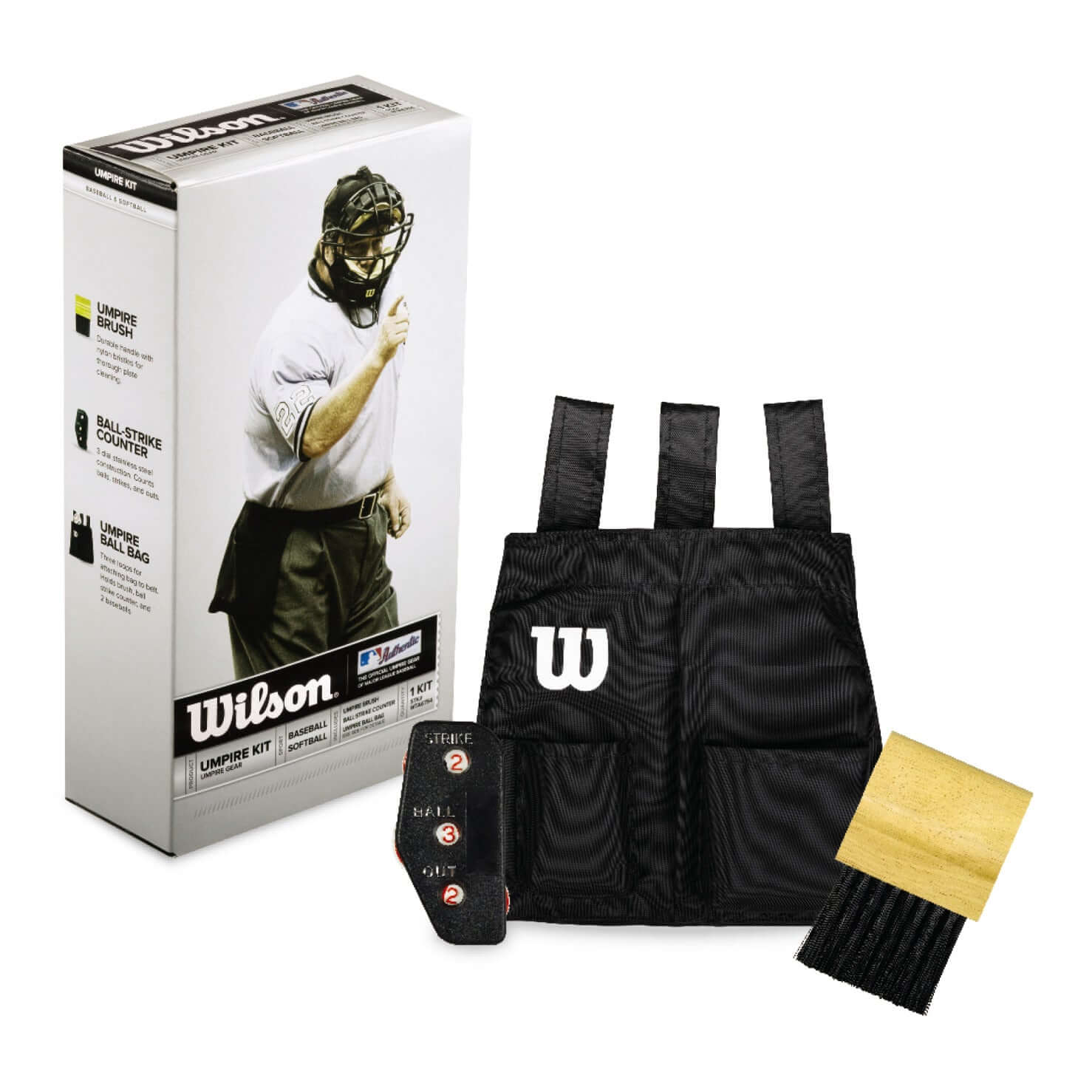 Wilson Umpire Kit featuring an umpire brush, ball strike counter, and bag for umpires, ideal for baseball officials.