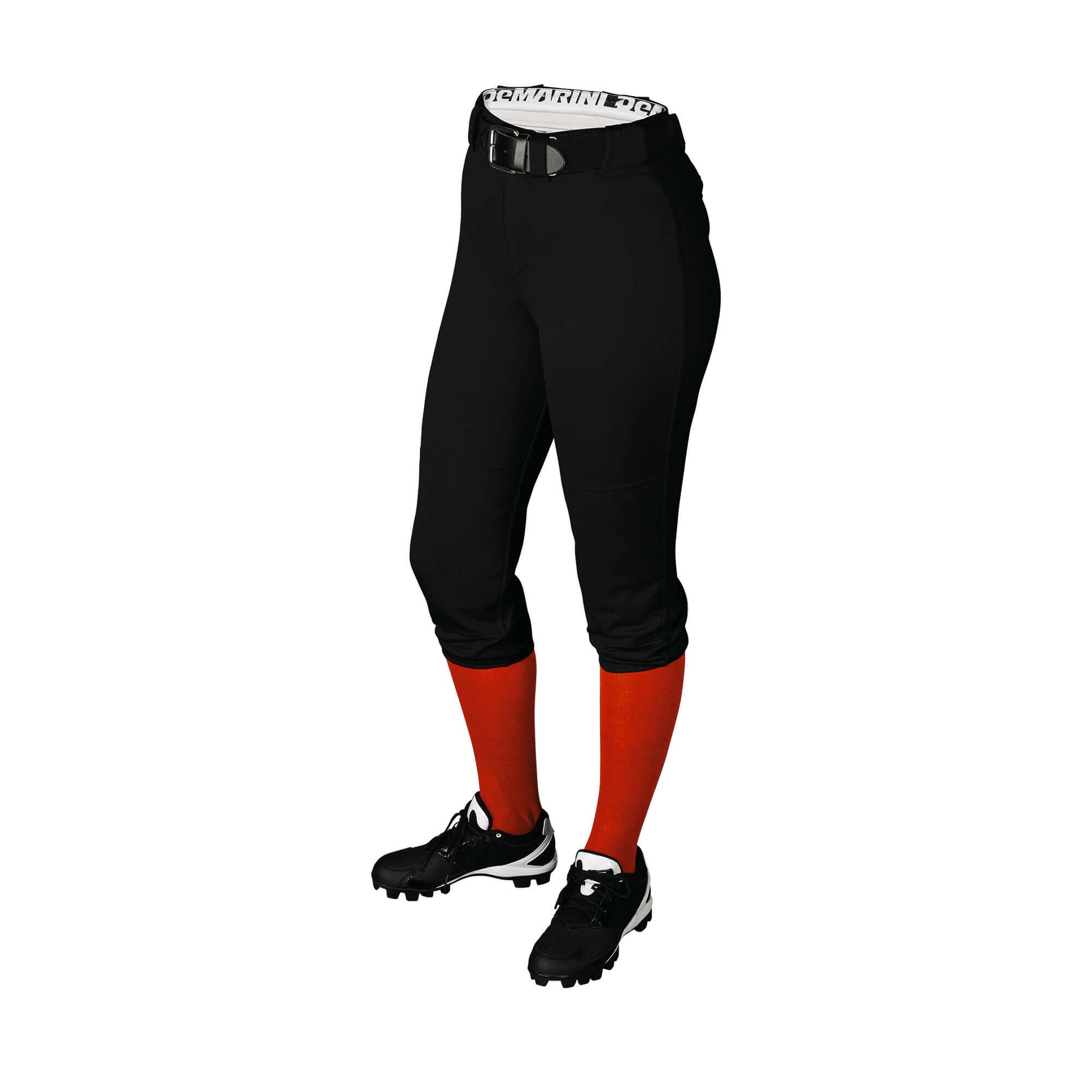 DeMarini Women's Fierce Softball Pant in black, featuring red socks and sporty black cleats, ideal for comfort and performance.