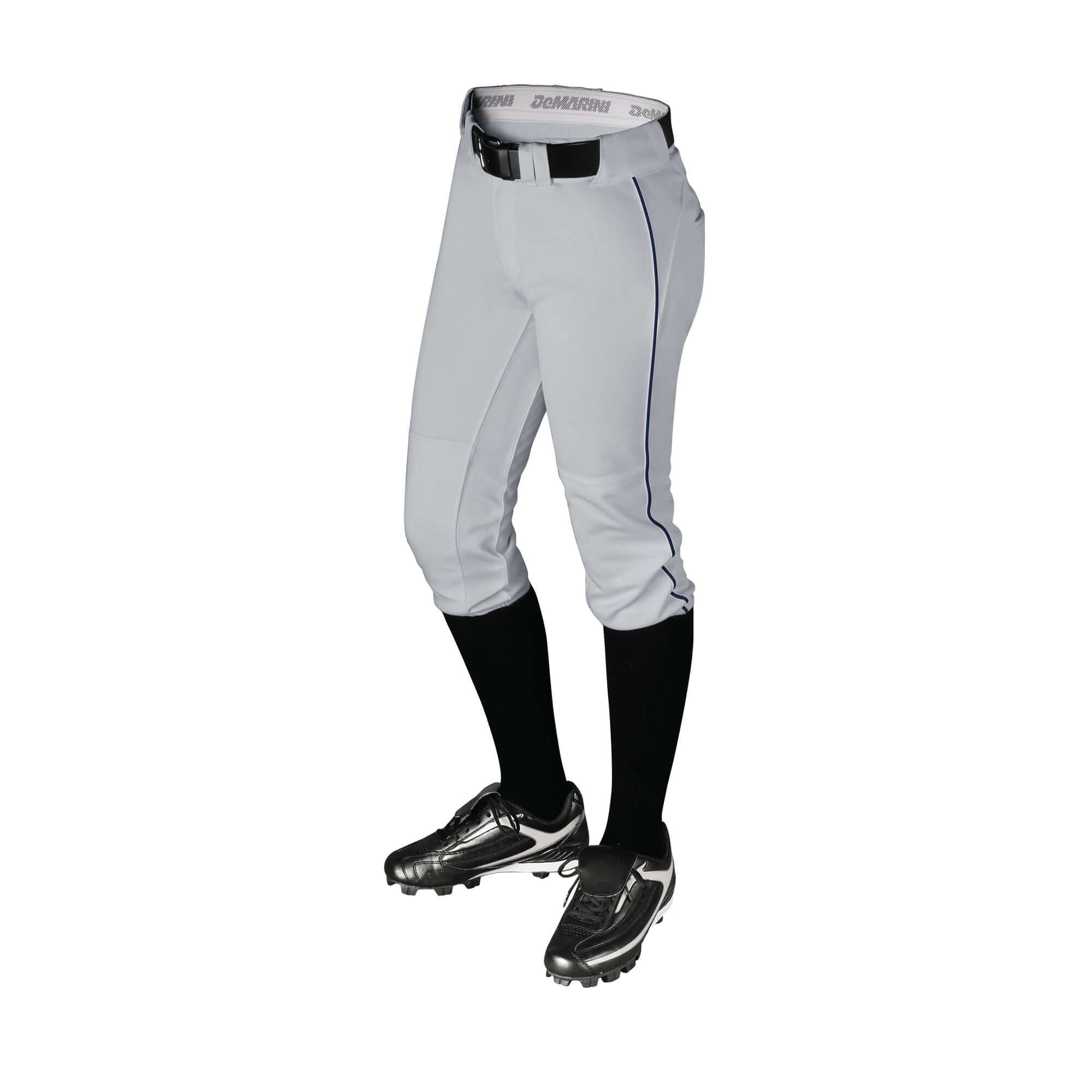 DeMarini Womens Uprising Pant in grey, featuring an athletic fit and paired with black socks and cleats, designed for performance.