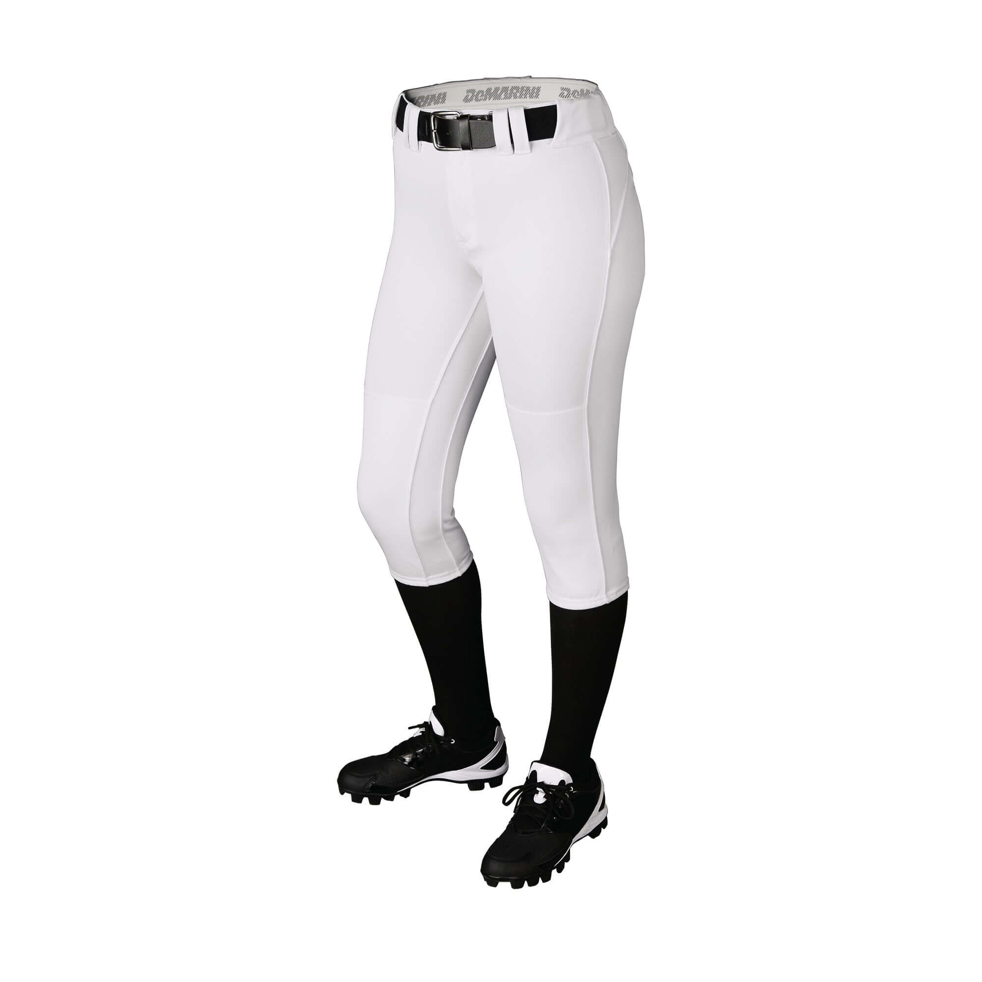 DeMarini Womens Uprising Pant in white with black accents, designed for comfort and durability in athletic settings.