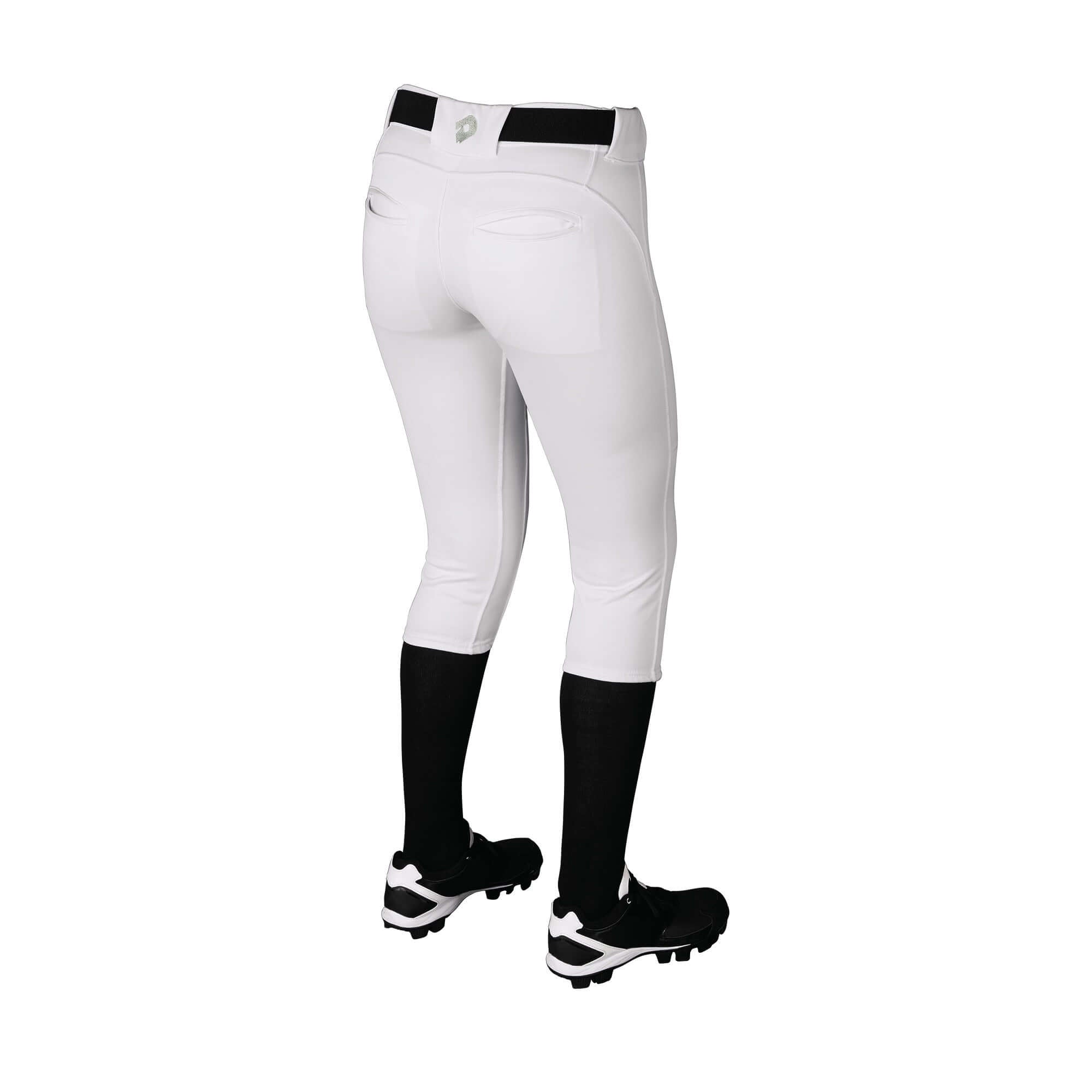 DeMarini Women's Uprising Pant in white with black accents, showcasing an athletic fit and durable design.