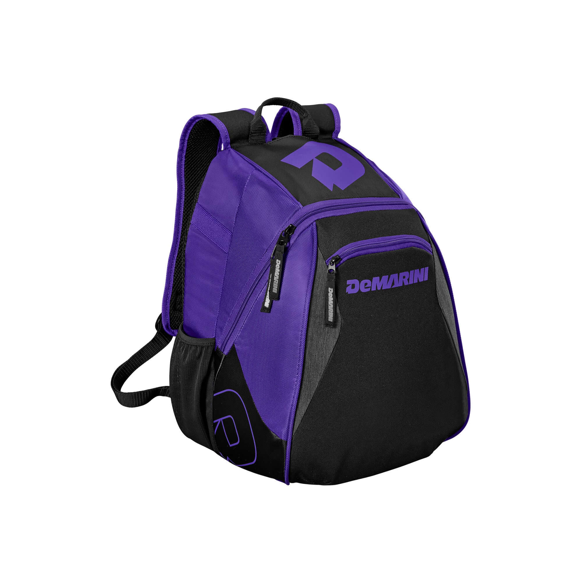 DeMarini Voodoo Junior Backpack for young athletes, black with white logo, large main compartment, mesh bat sleeves.