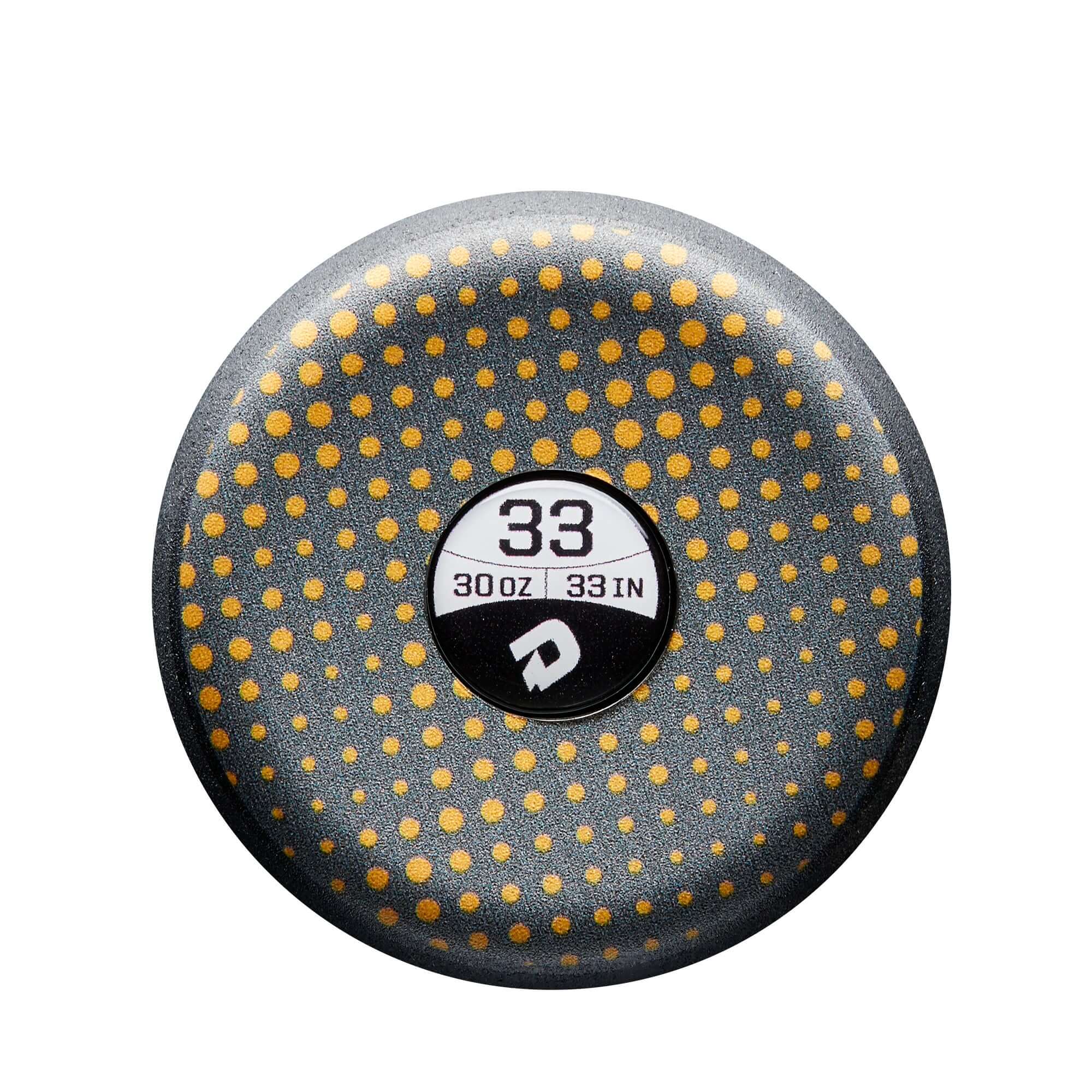 Demarini 2021 CF (-3) BBCOR baseball bat end cap showing weight and length markings with a dotted design.