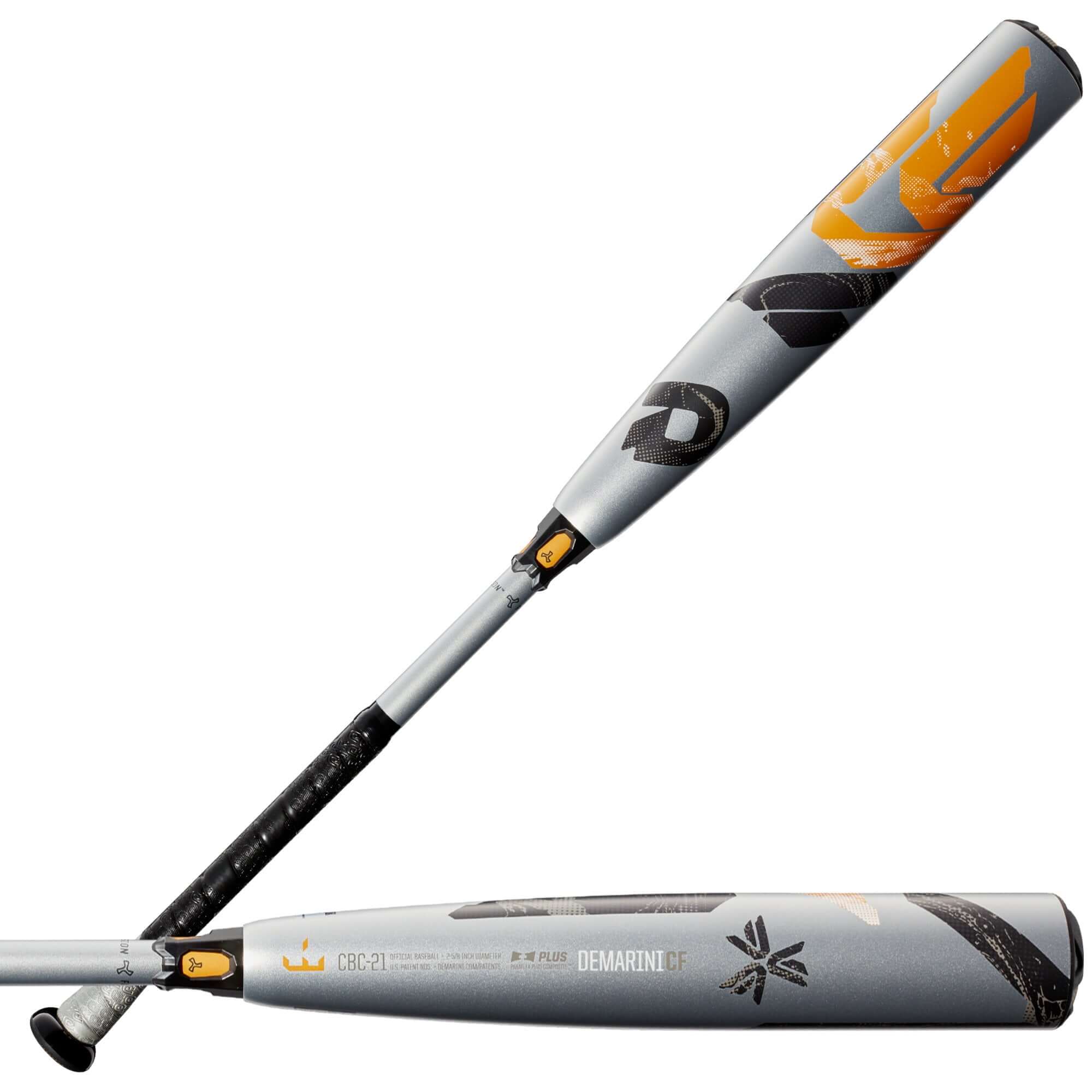 Demarini 2021 CF (-3) BBCOR baseball bat showcasing its sleek design and two-piece composite construction.