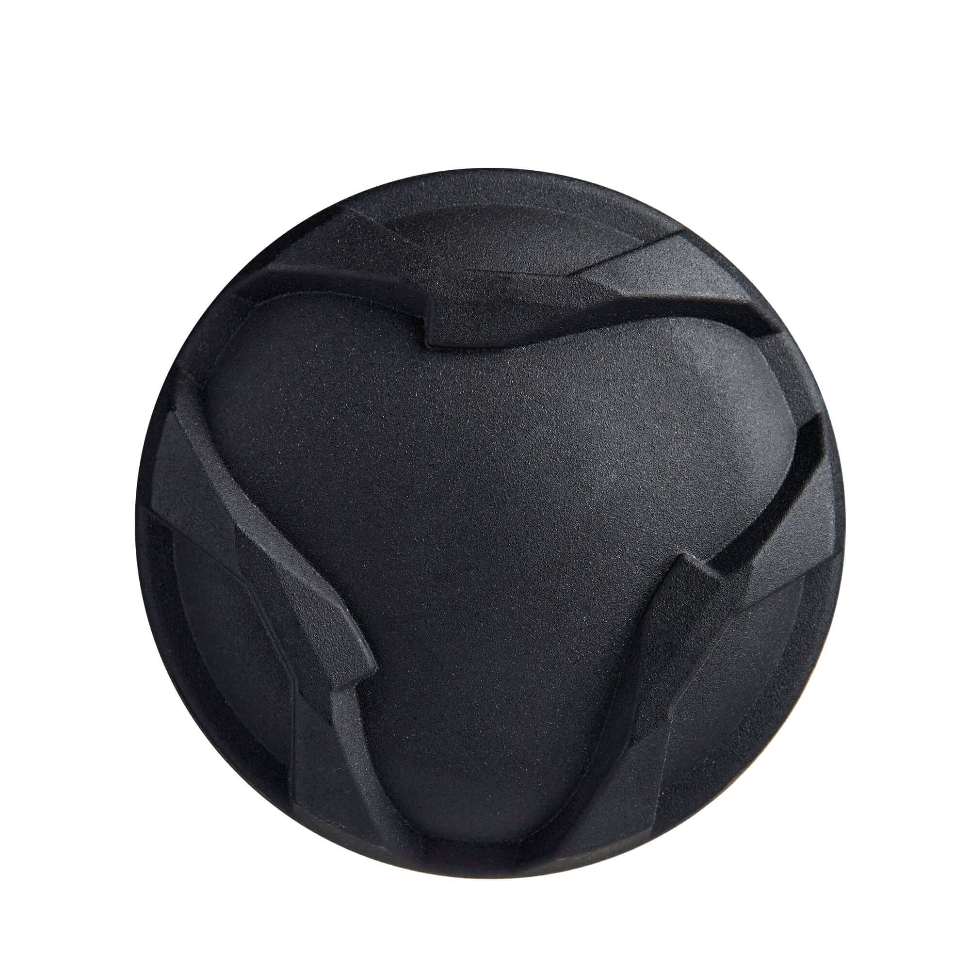 Round black textured massage ball designed for muscle recovery and relief, featuring contoured surface for grip and comfort.