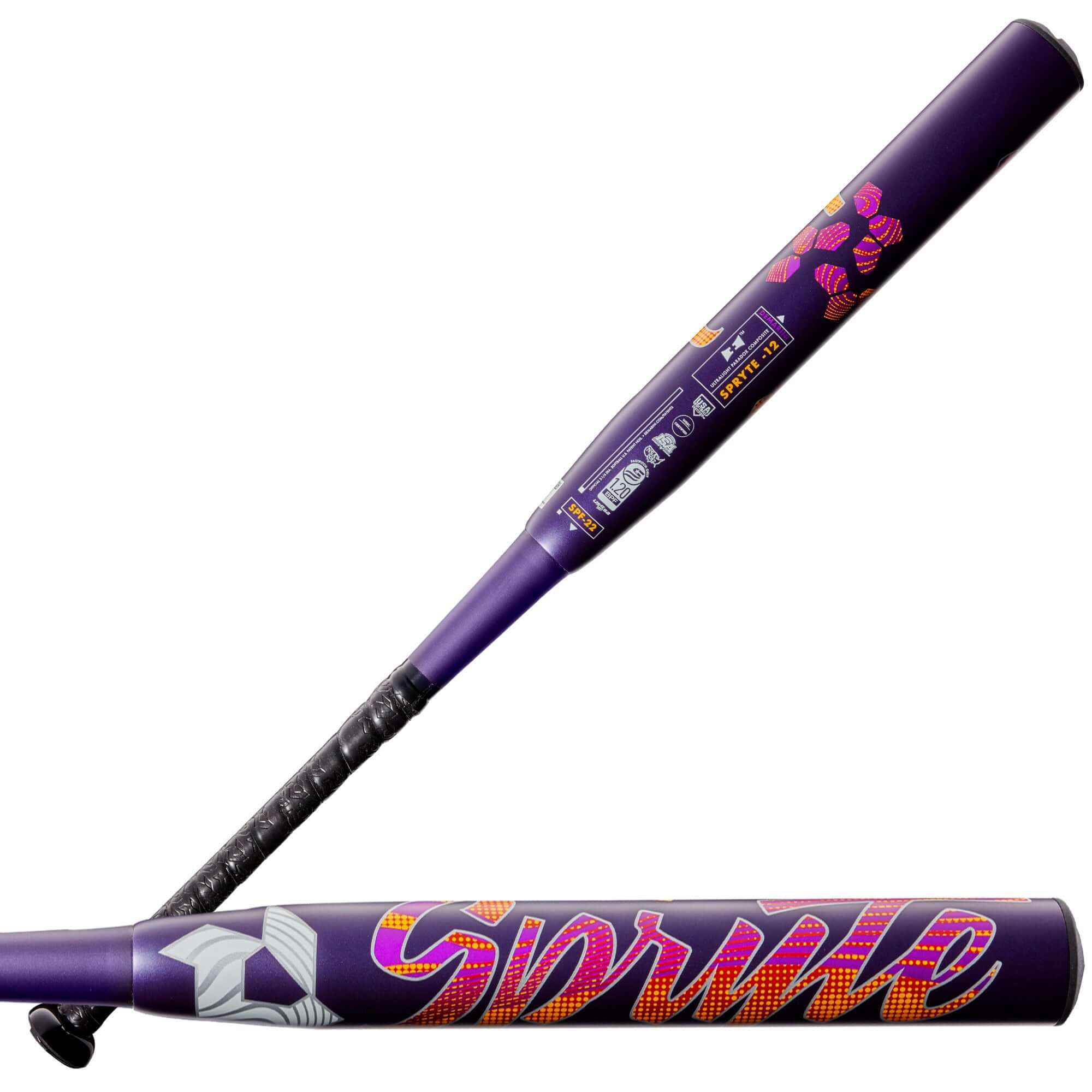 DeMarini Spryte (-12) fastpitch bat in purple with colorful design, ideal for young travel ball players seeking elite performance.